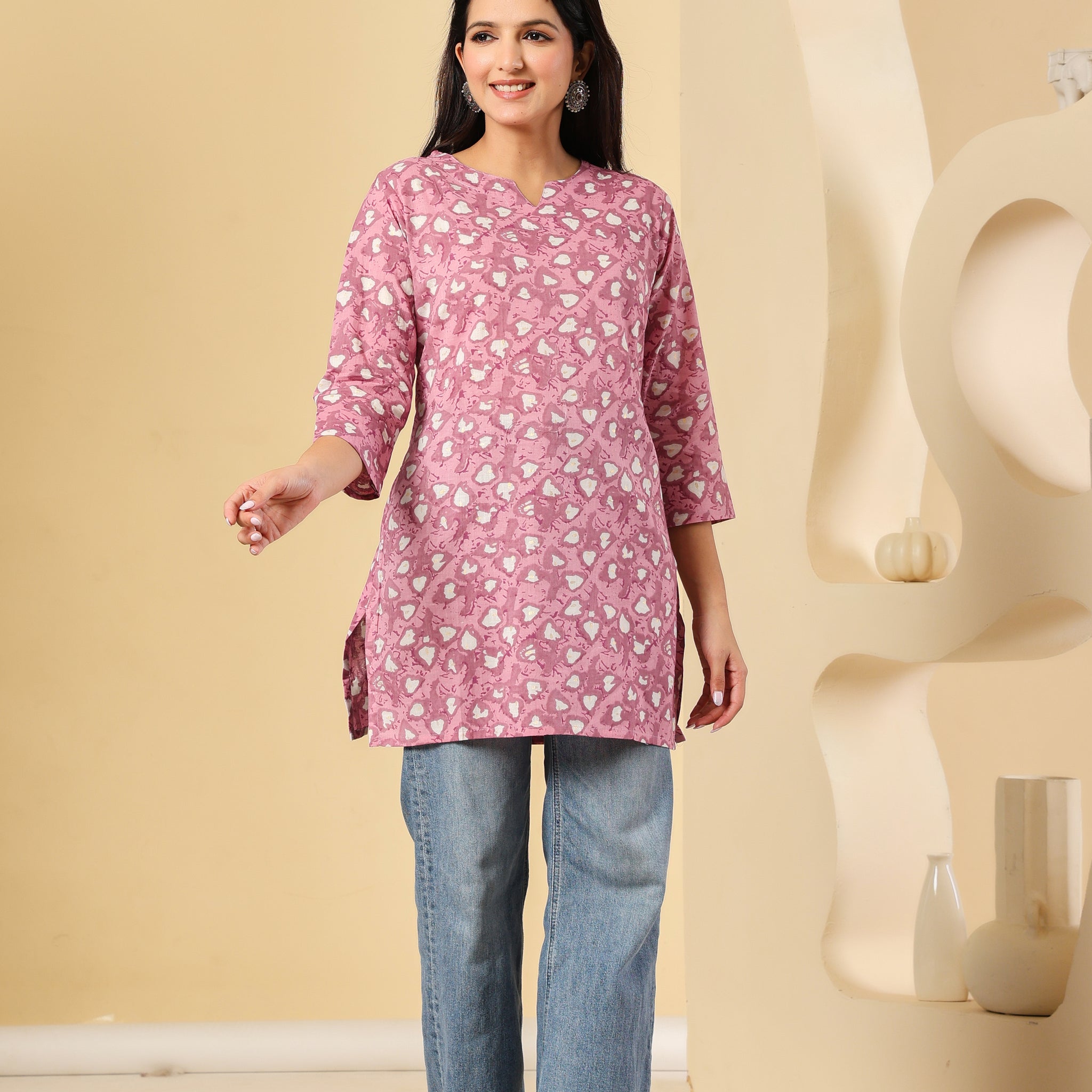 Pink Printed Cotton Kurti with 3/4th Sleeves – Casual & Chic