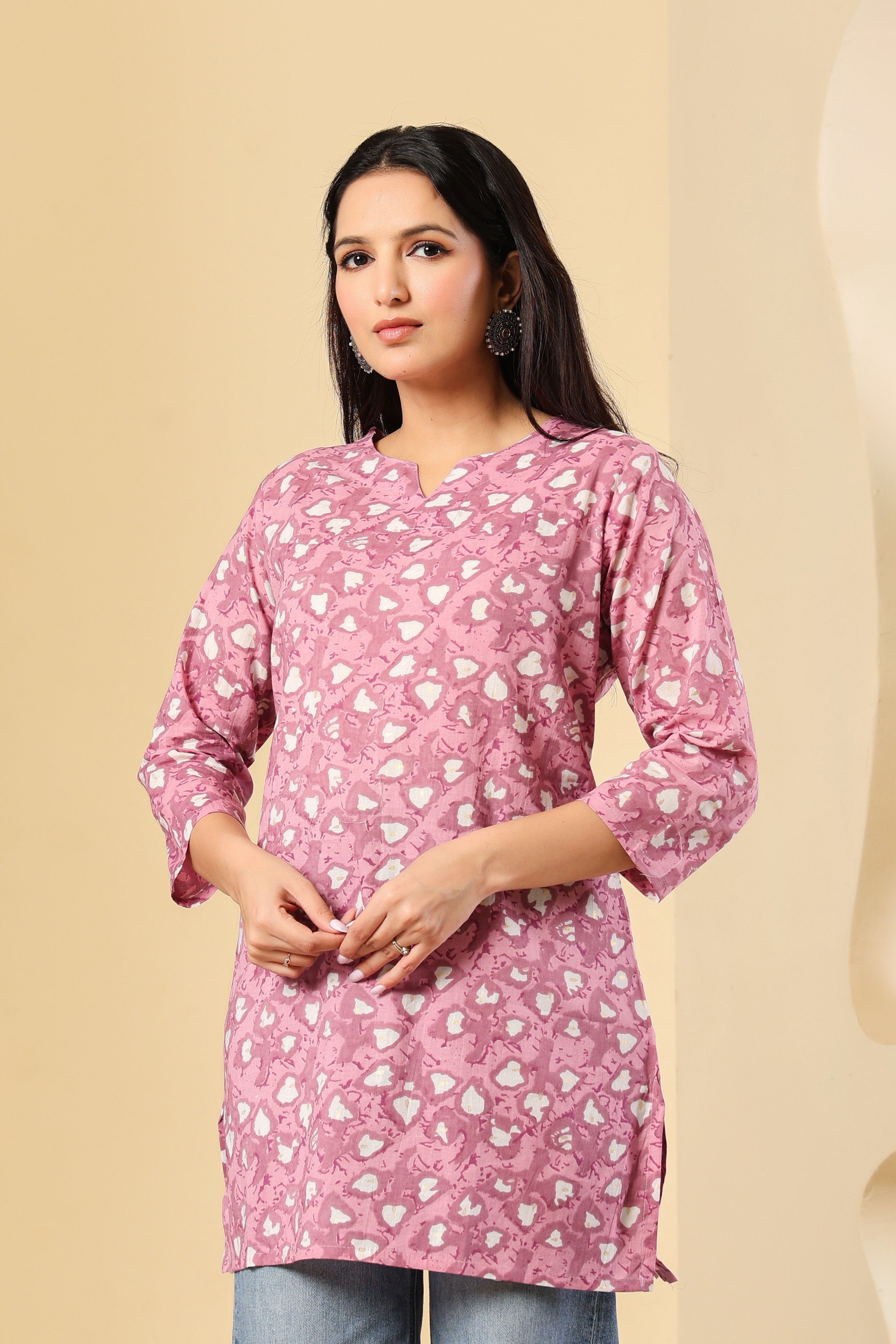 Pink Printed Cotton Kurti with 3/4th Sleeves – Casual & Chic