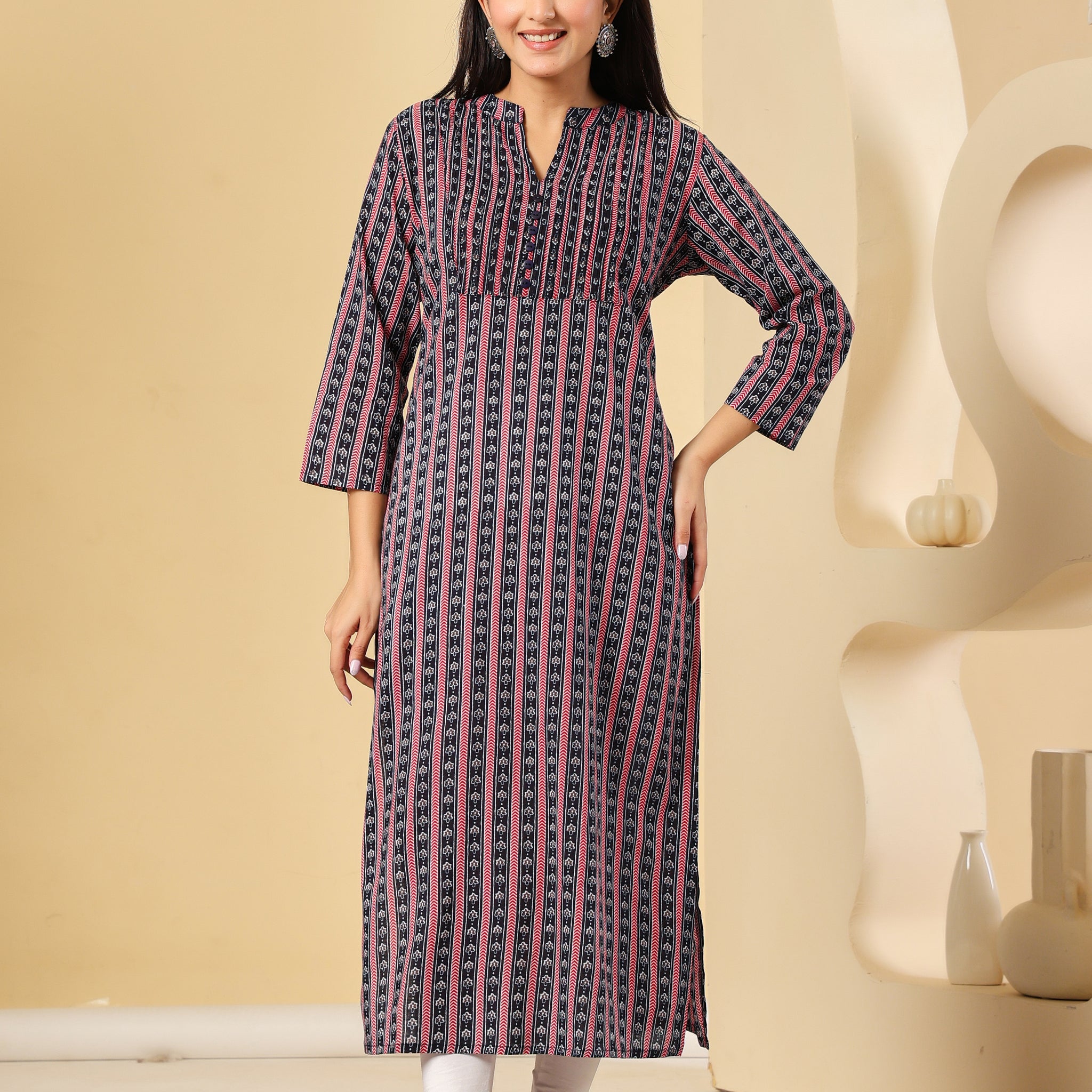 Black & Pink Striped Cotton Kurti