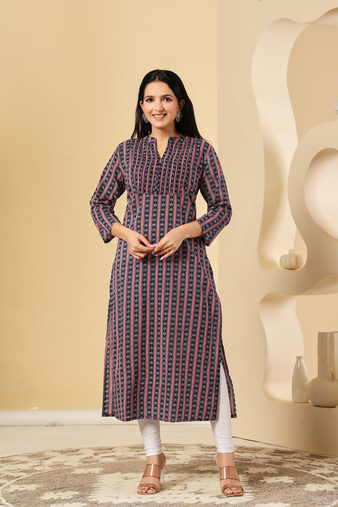Black & Pink Striped Cotton Kurti