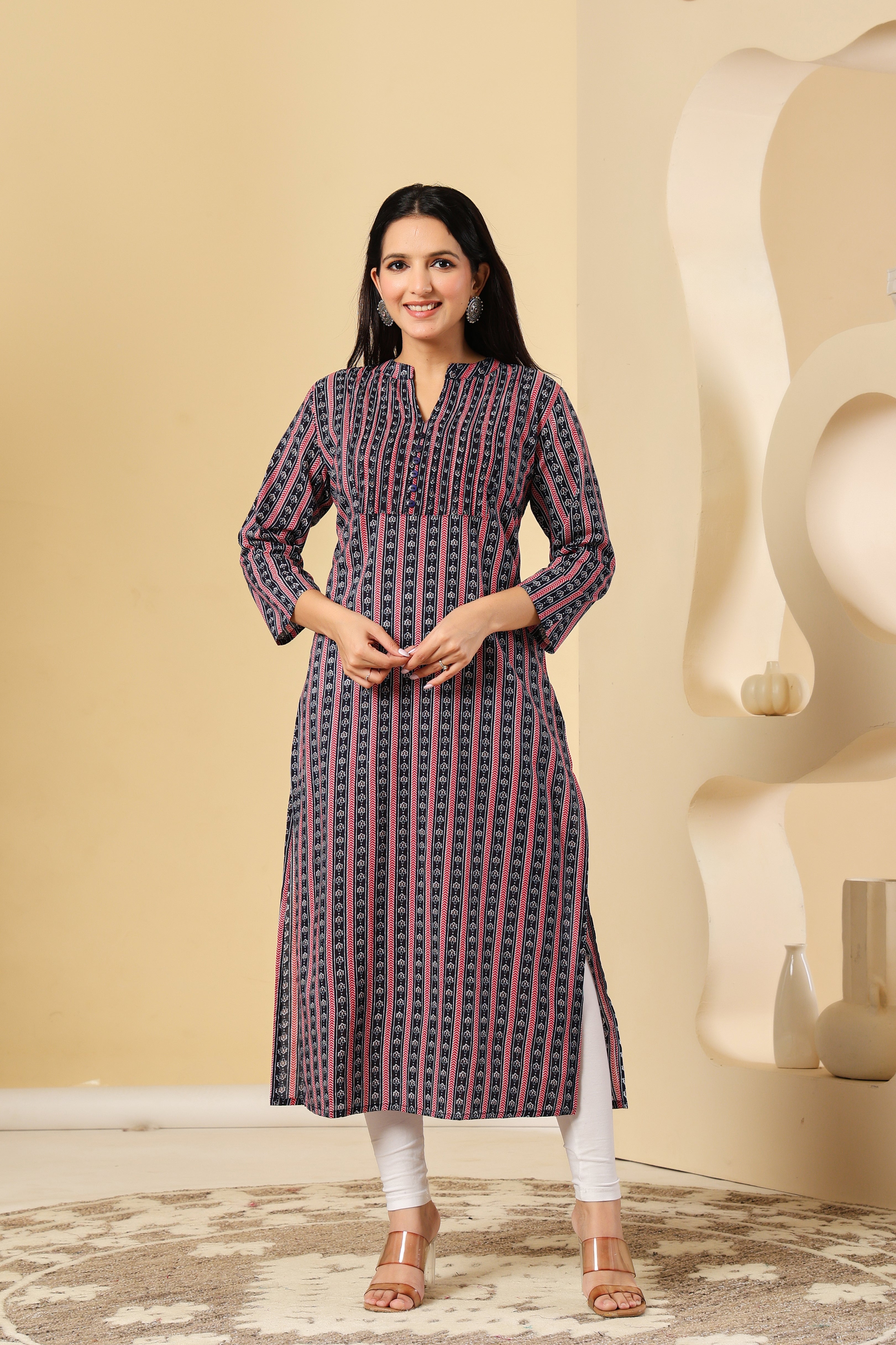 Black & Pink Striped Cotton Kurti