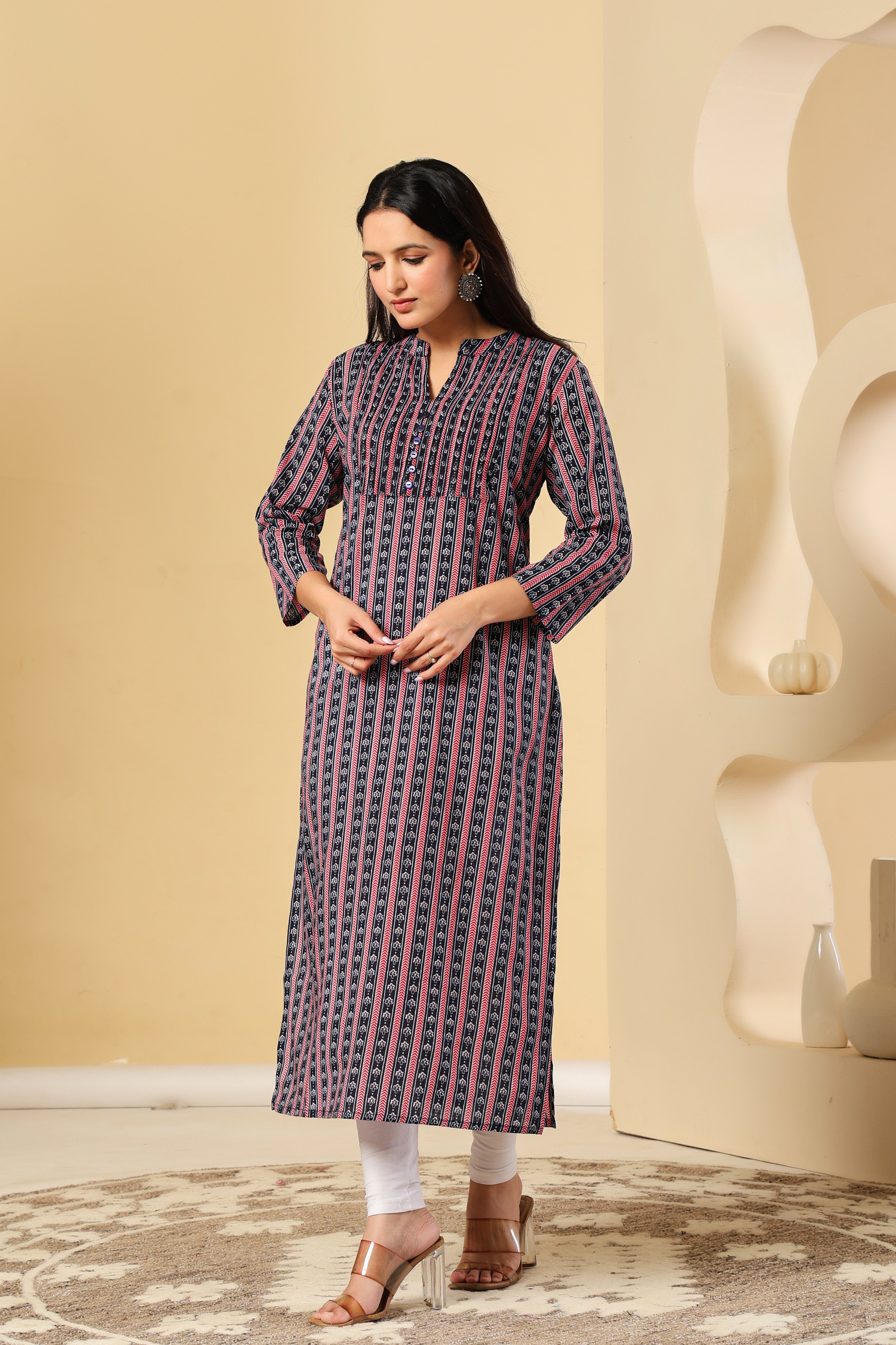 Black & Pink Striped Cotton Kurti