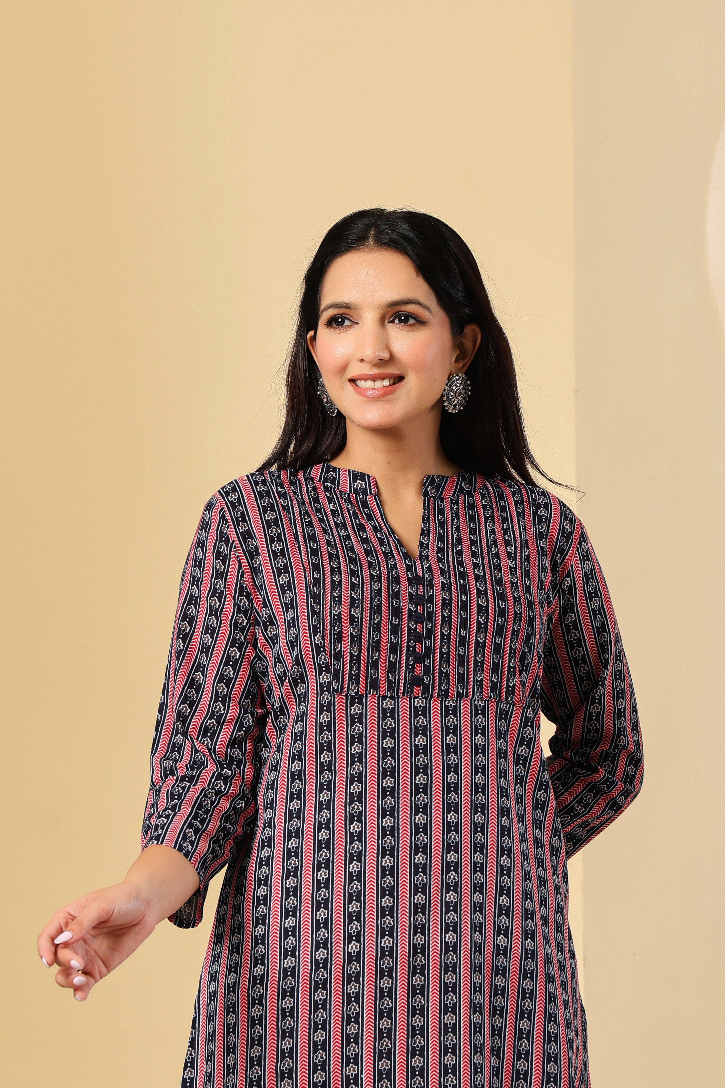 Black & Pink Striped Cotton Kurti