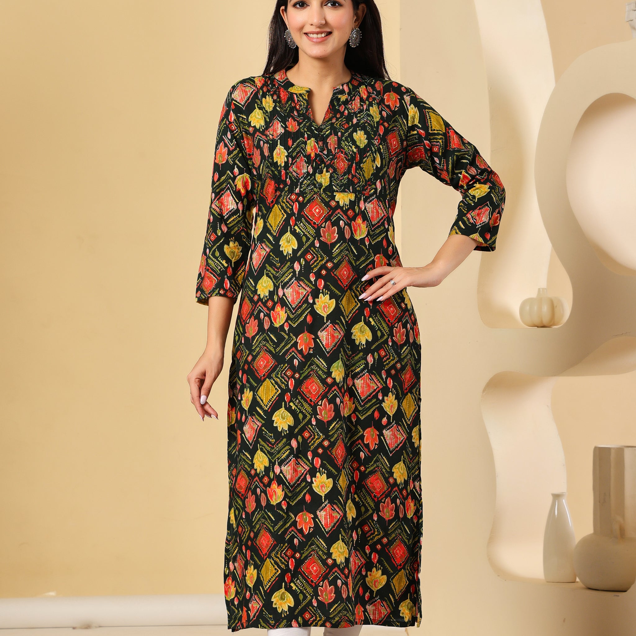 Black Printed Cotton Kurti with Multicolor Motifs – Stylish & Comfortable