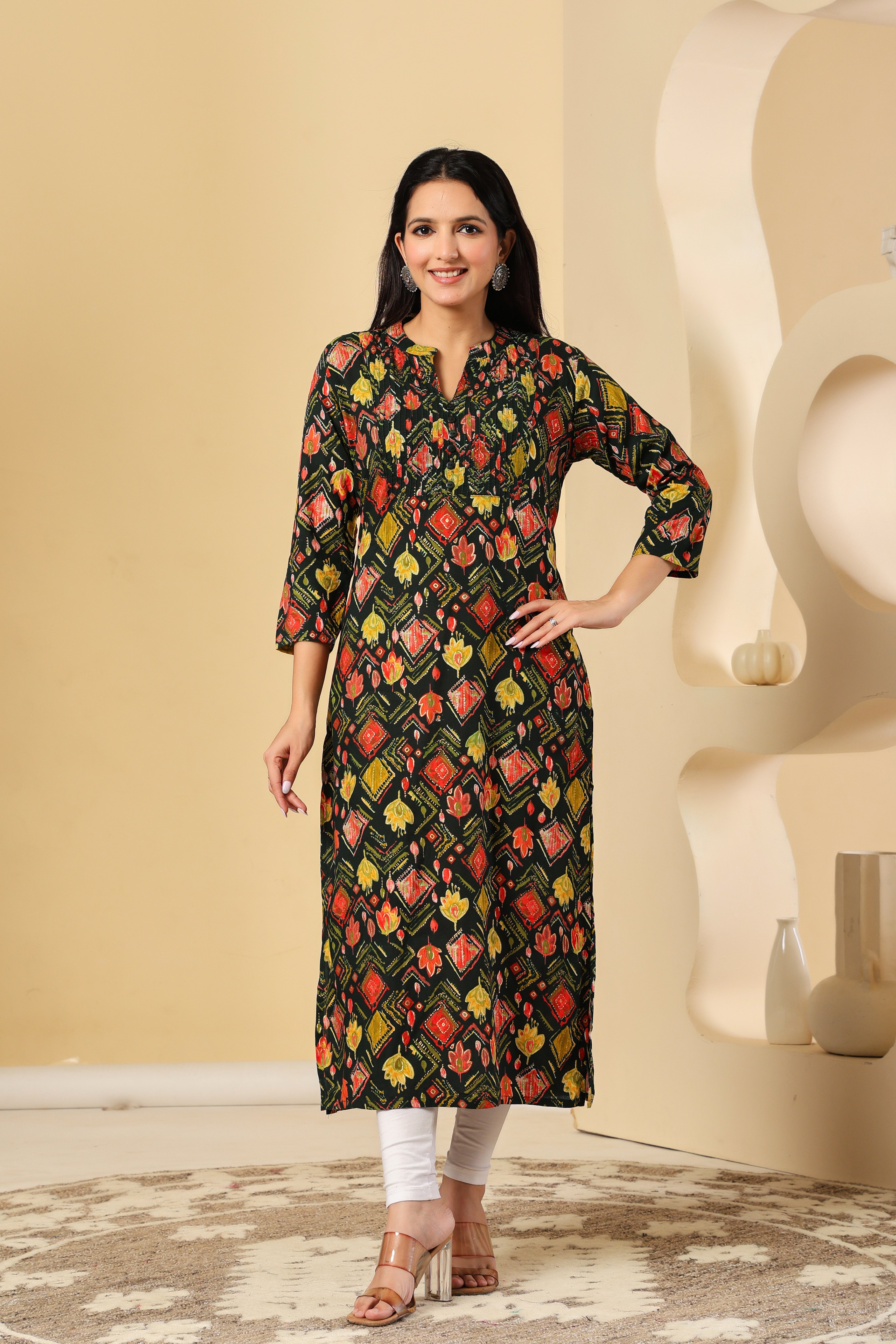 Black Printed Cotton Kurti with Multicolor Motifs – Stylish & Comfortable