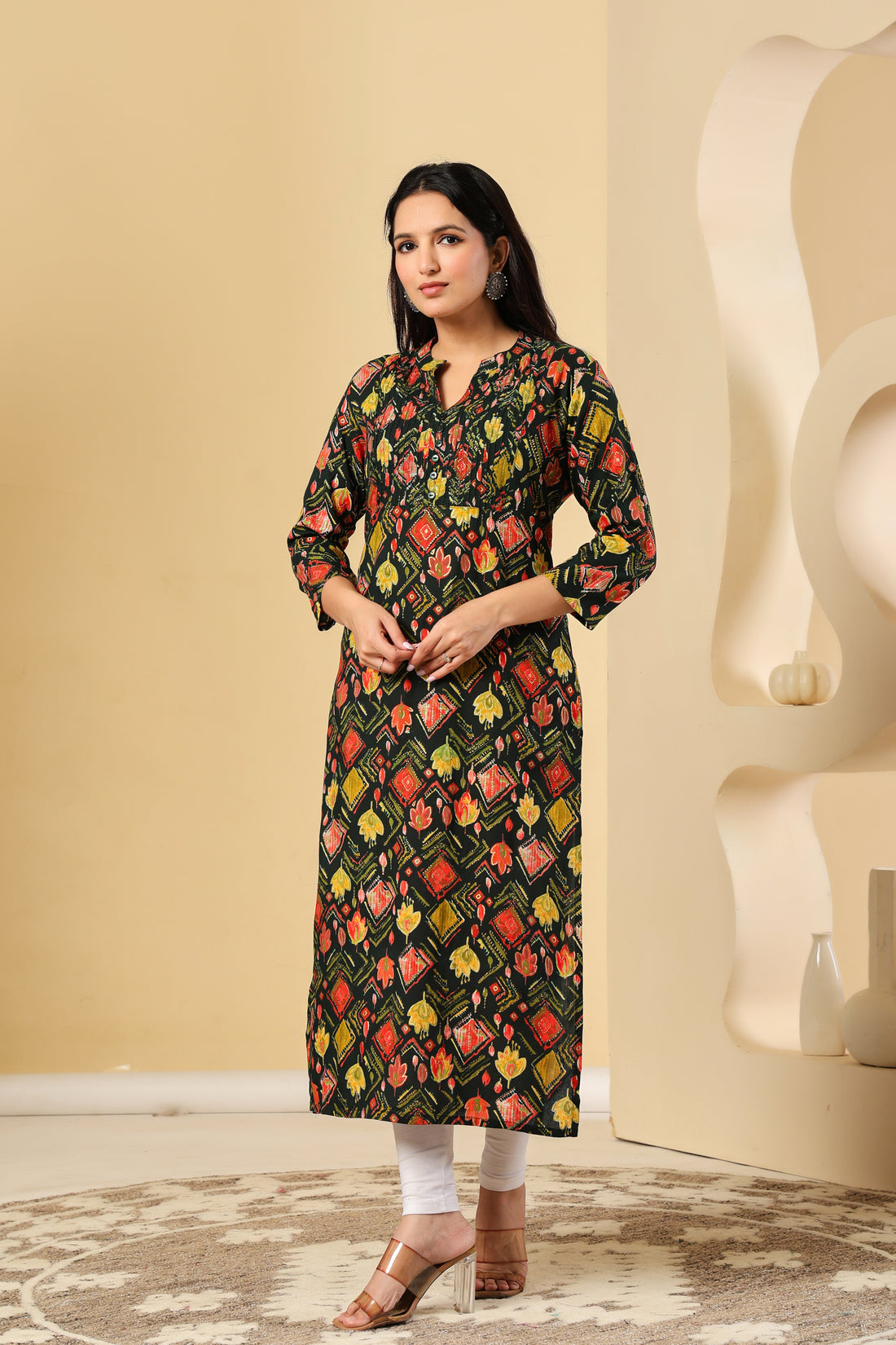 Black Printed Cotton Kurti with Multicolor Motifs – Stylish & Comfortable