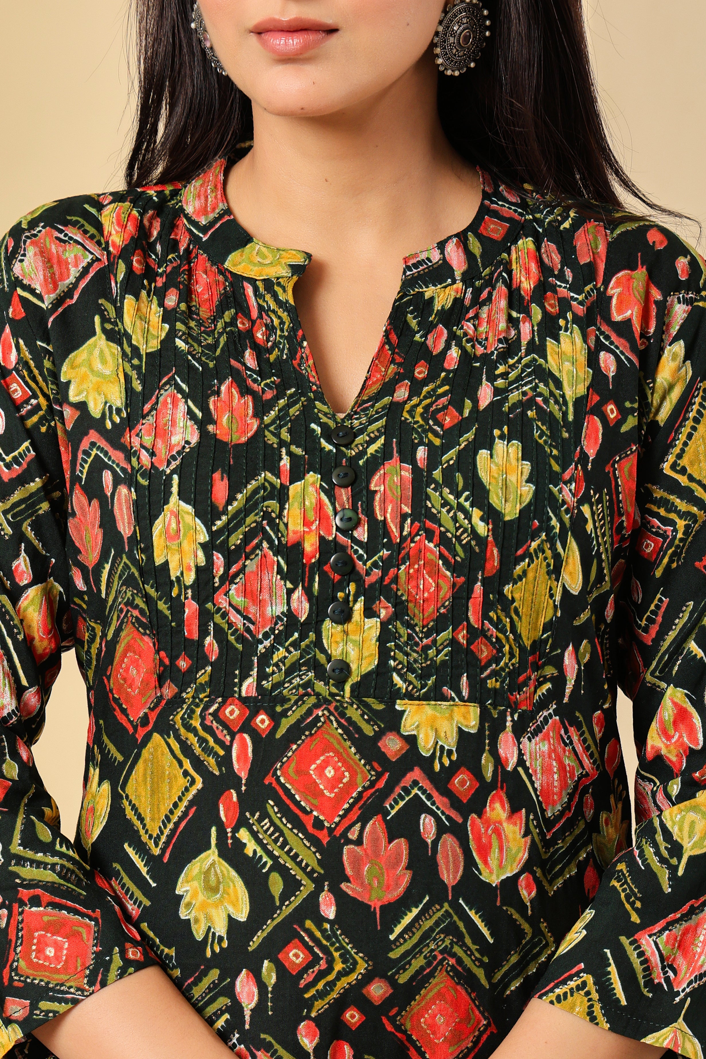 Black Printed Cotton Kurti with Multicolor Motifs – Stylish & Comfortable