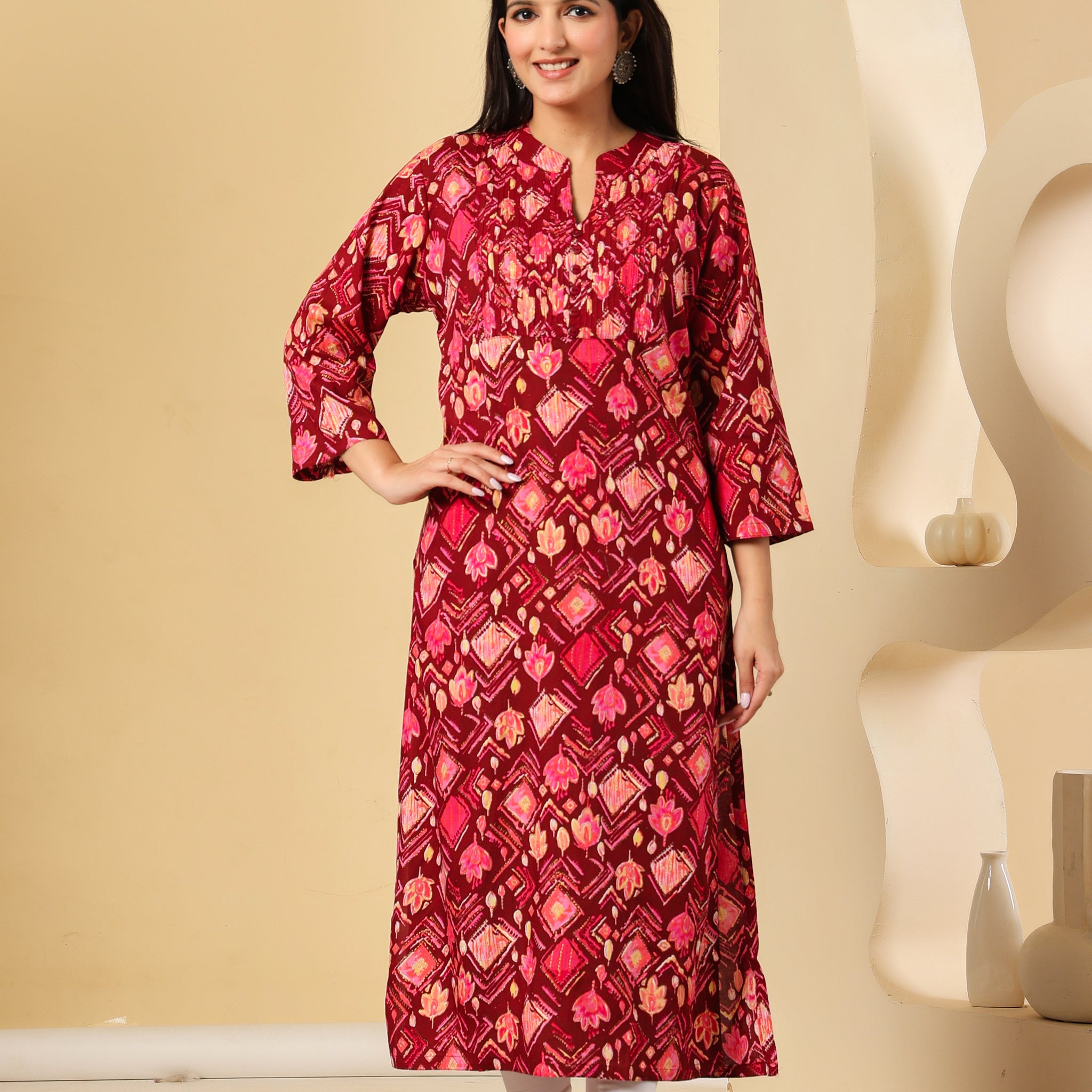 Maroon Printed Cotton Kurti