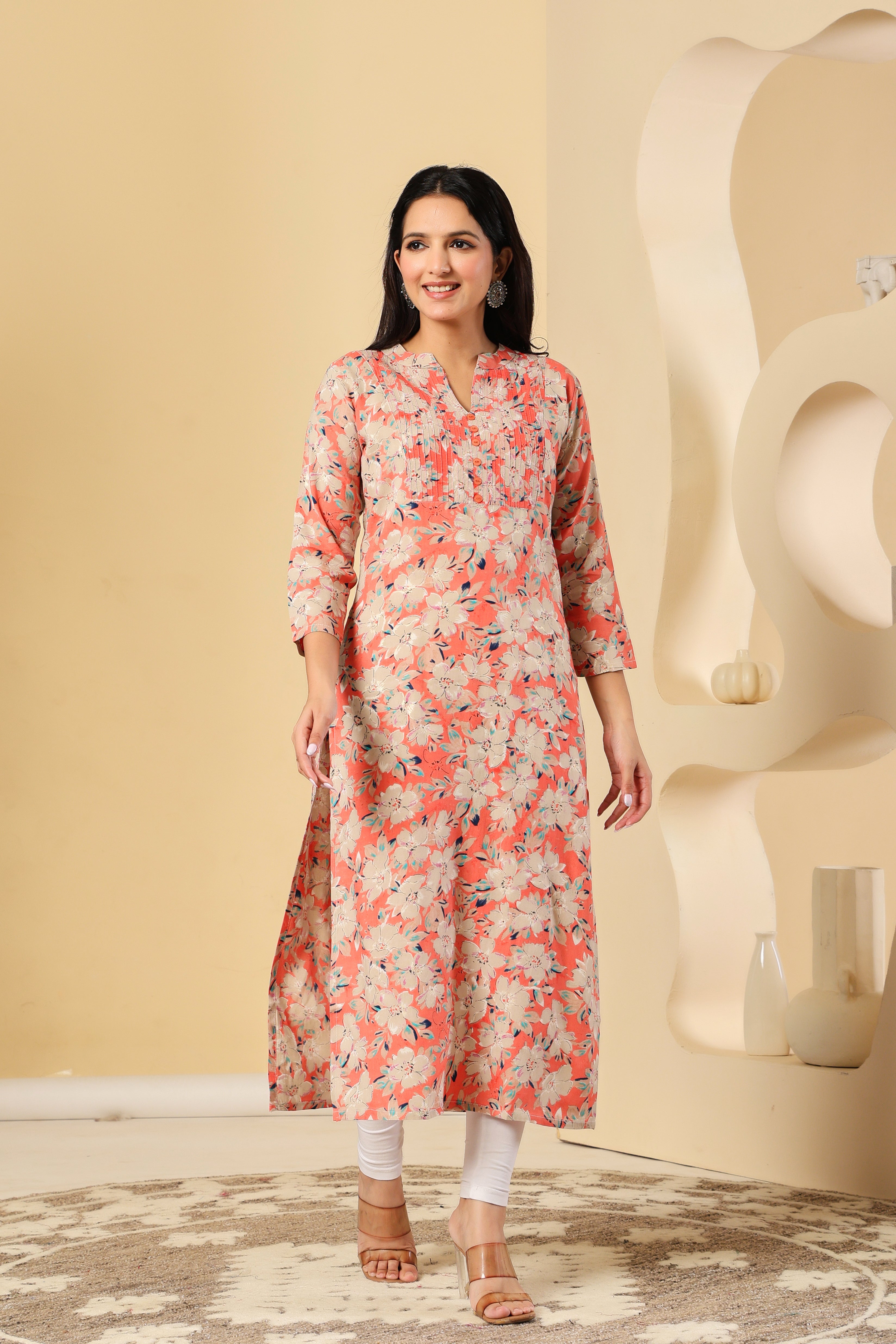 Peach Floral Printed Cotton Kurti