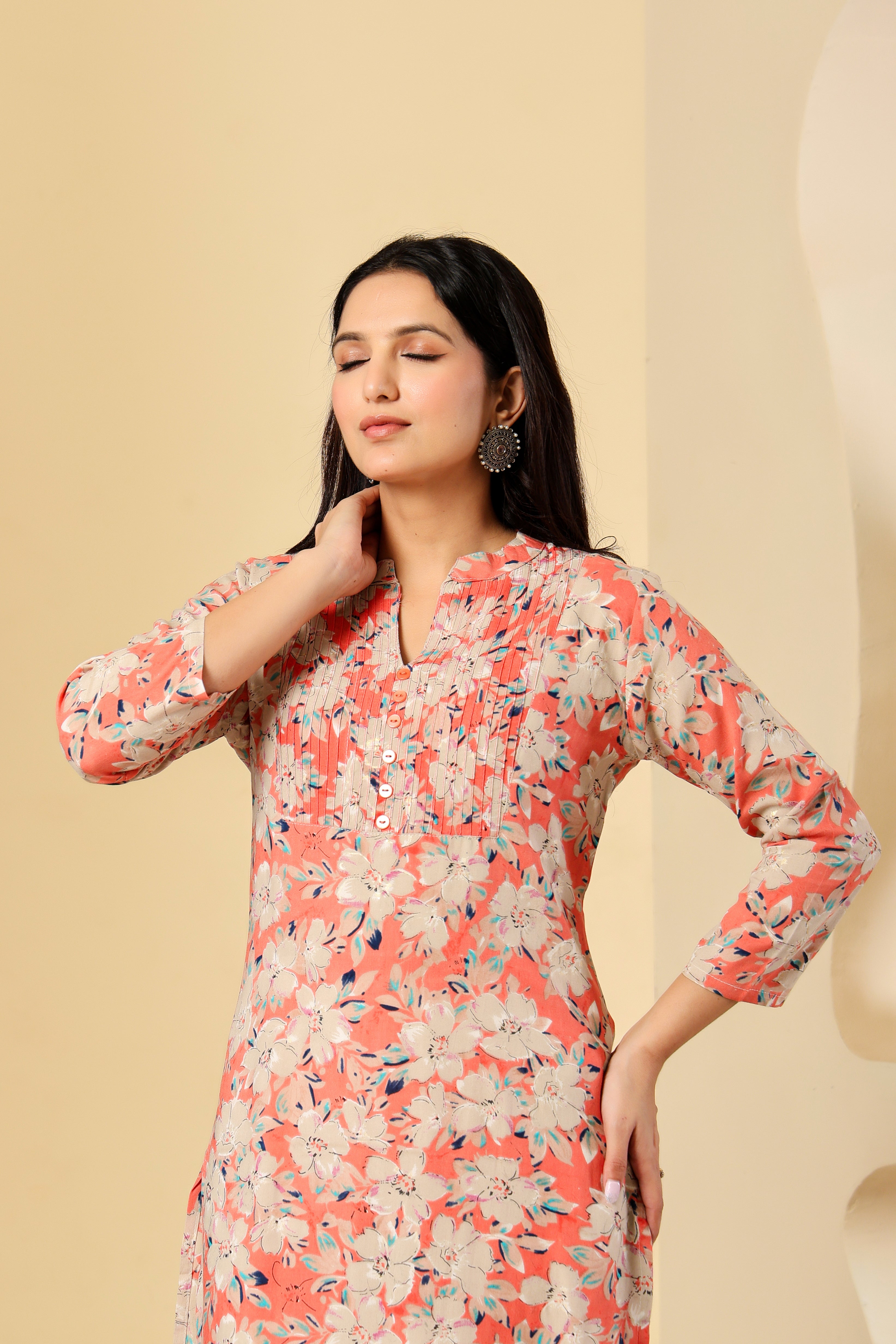 Peach Floral Printed Cotton Kurti