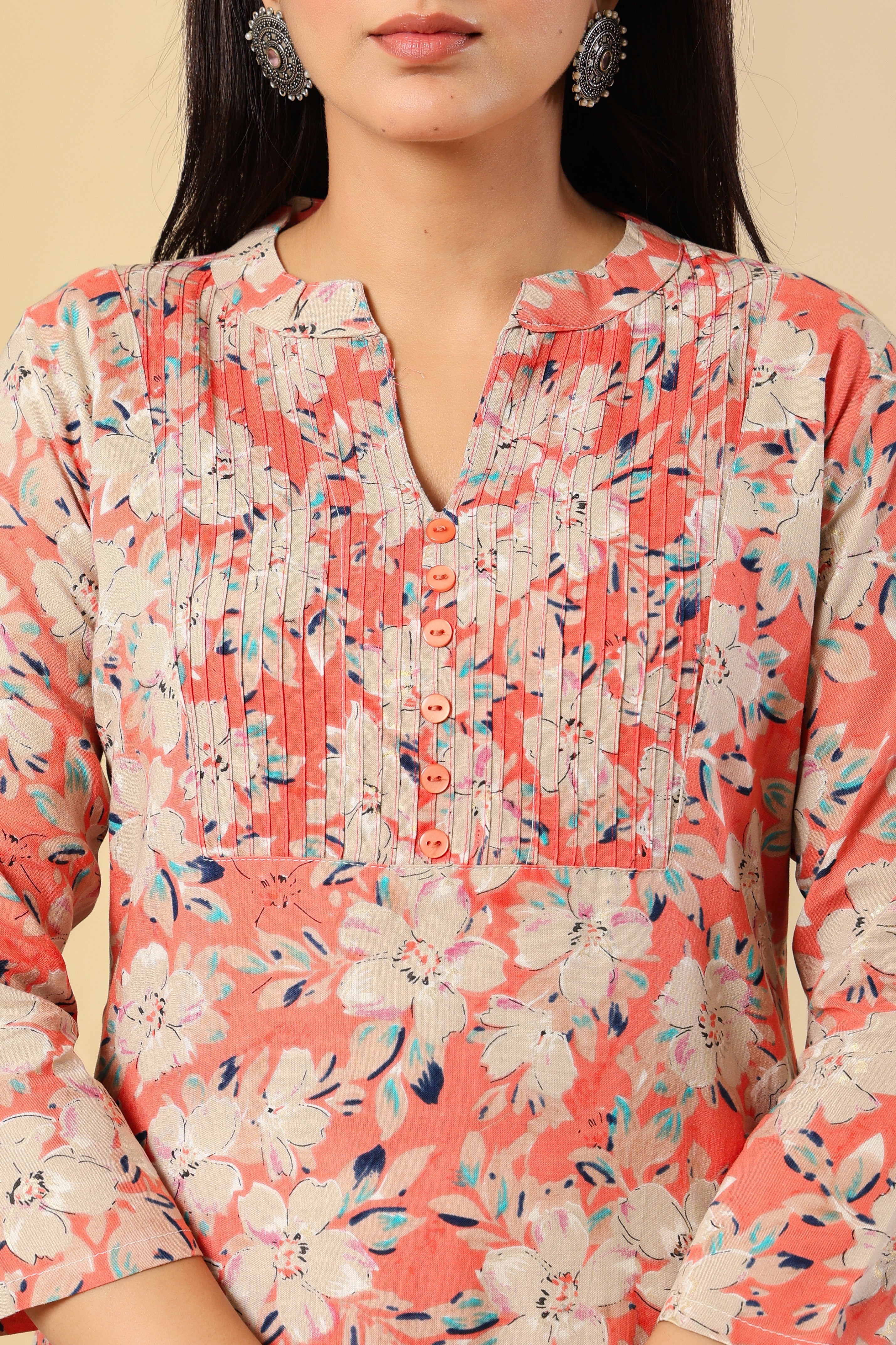 Peach Floral Printed Cotton Kurti