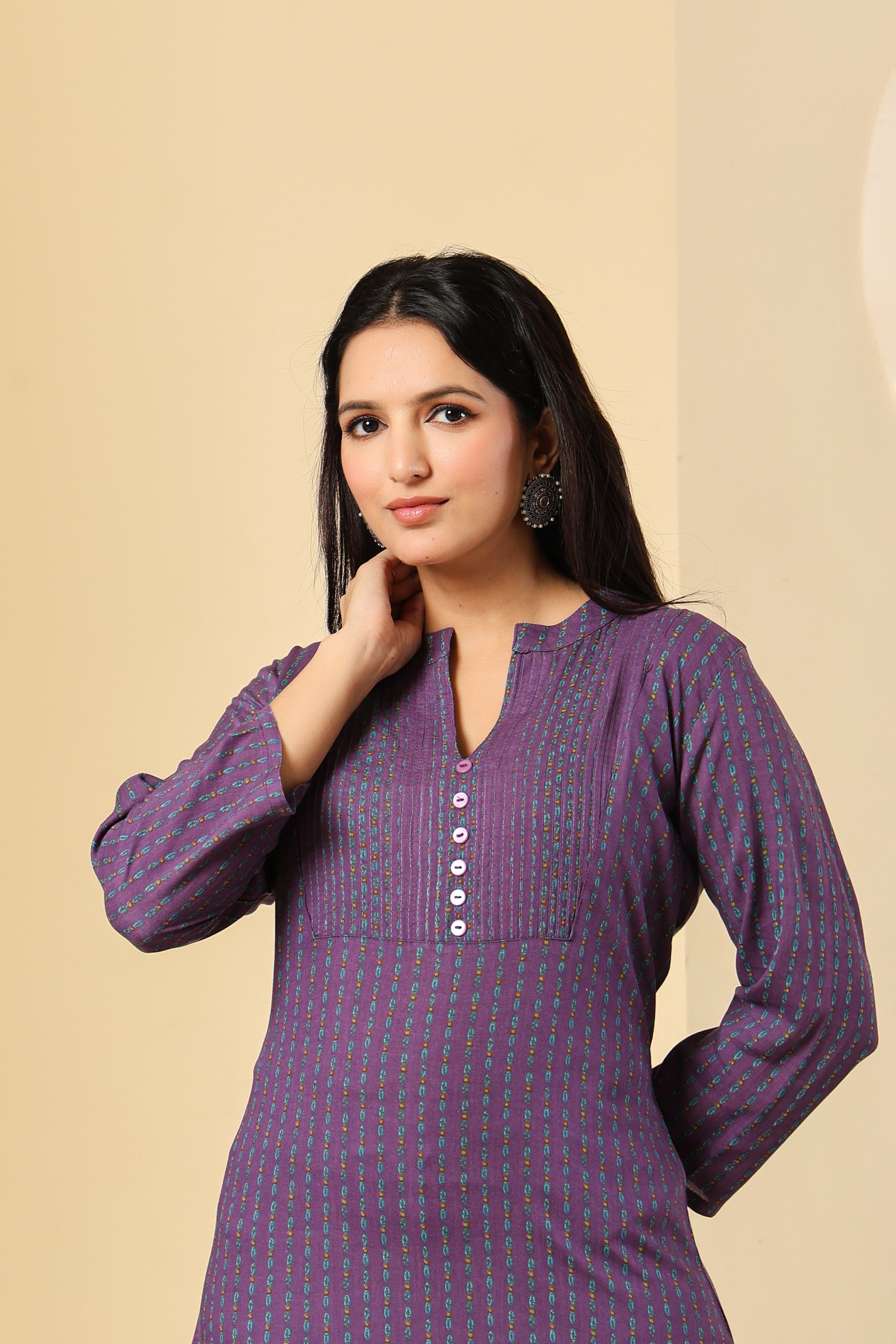 Elegant Purple Cotton Kurti with Minimal Stripes