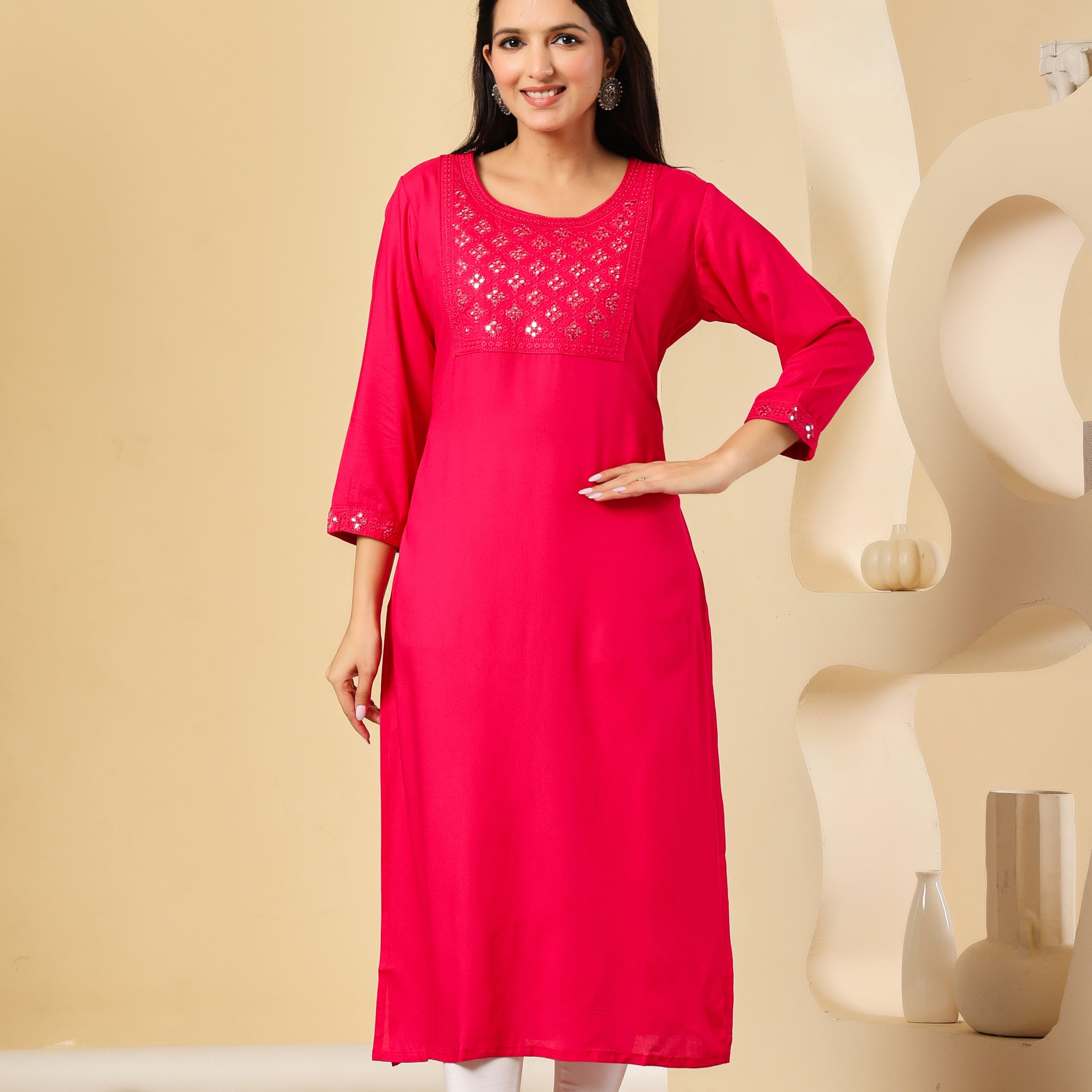 Vibrant Pink Kurti with Elegant Mirror Work