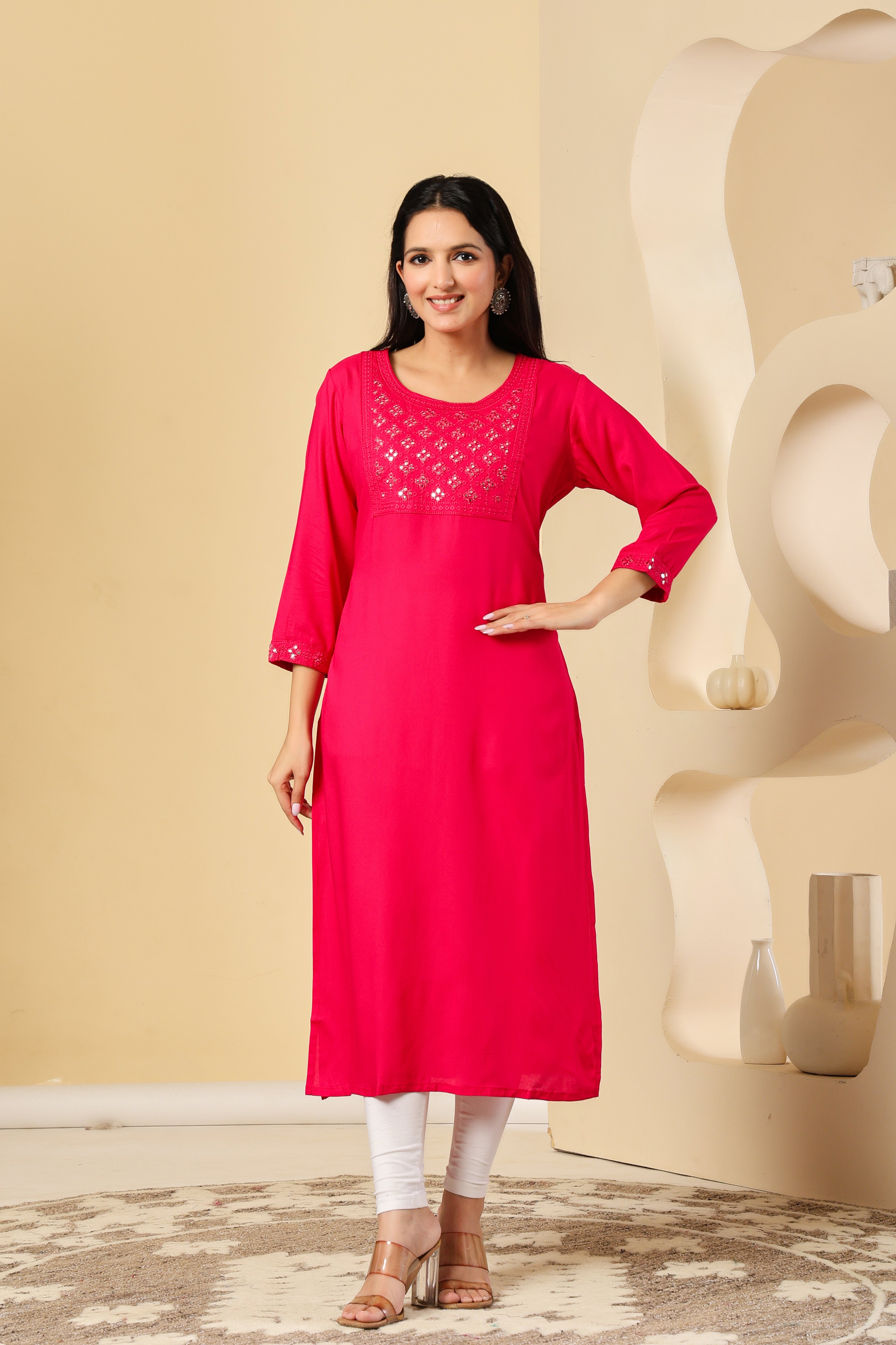 Vibrant Pink Kurti with Elegant Mirror Work