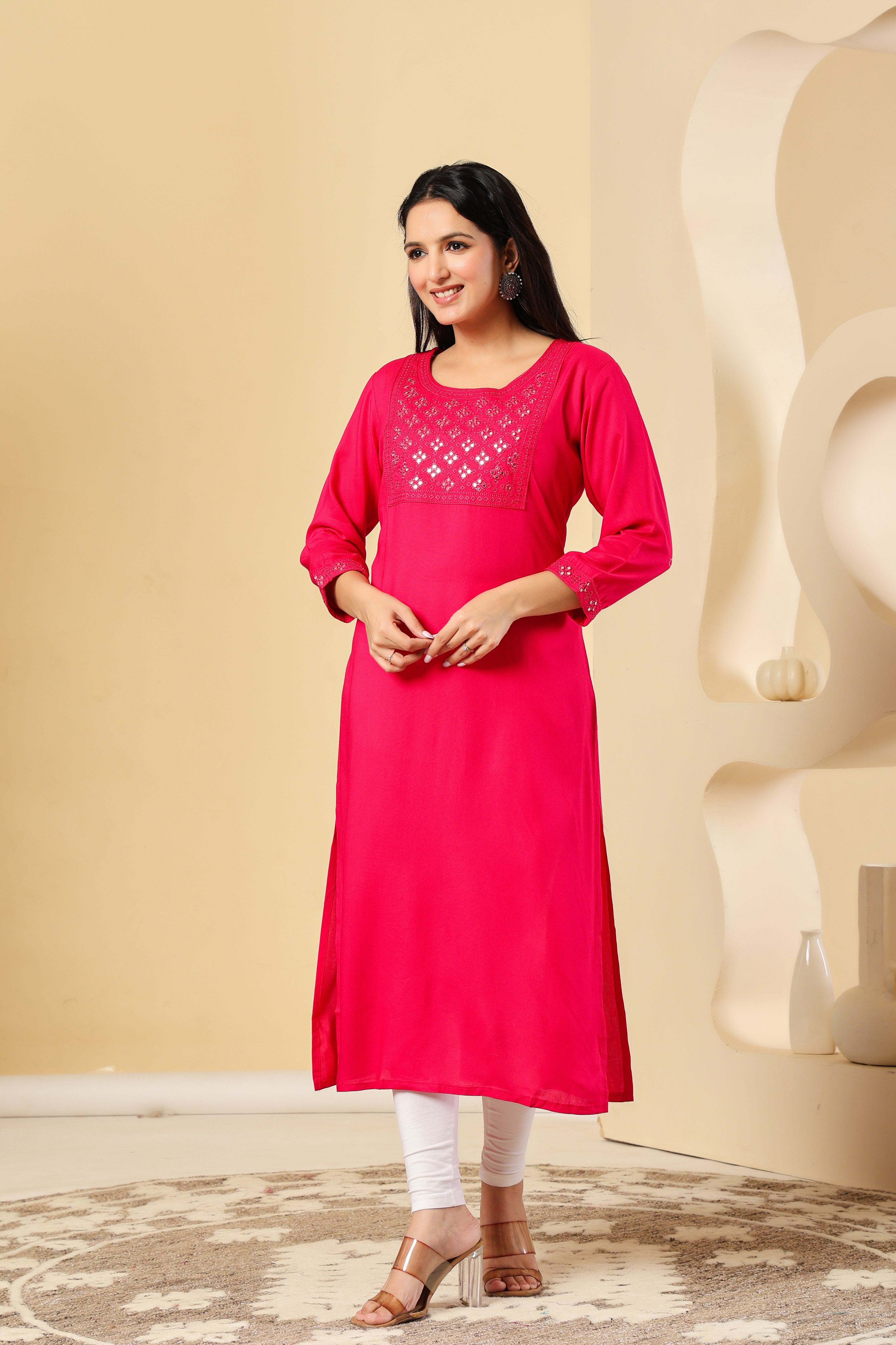 Vibrant Pink Kurti with Elegant Mirror Work
