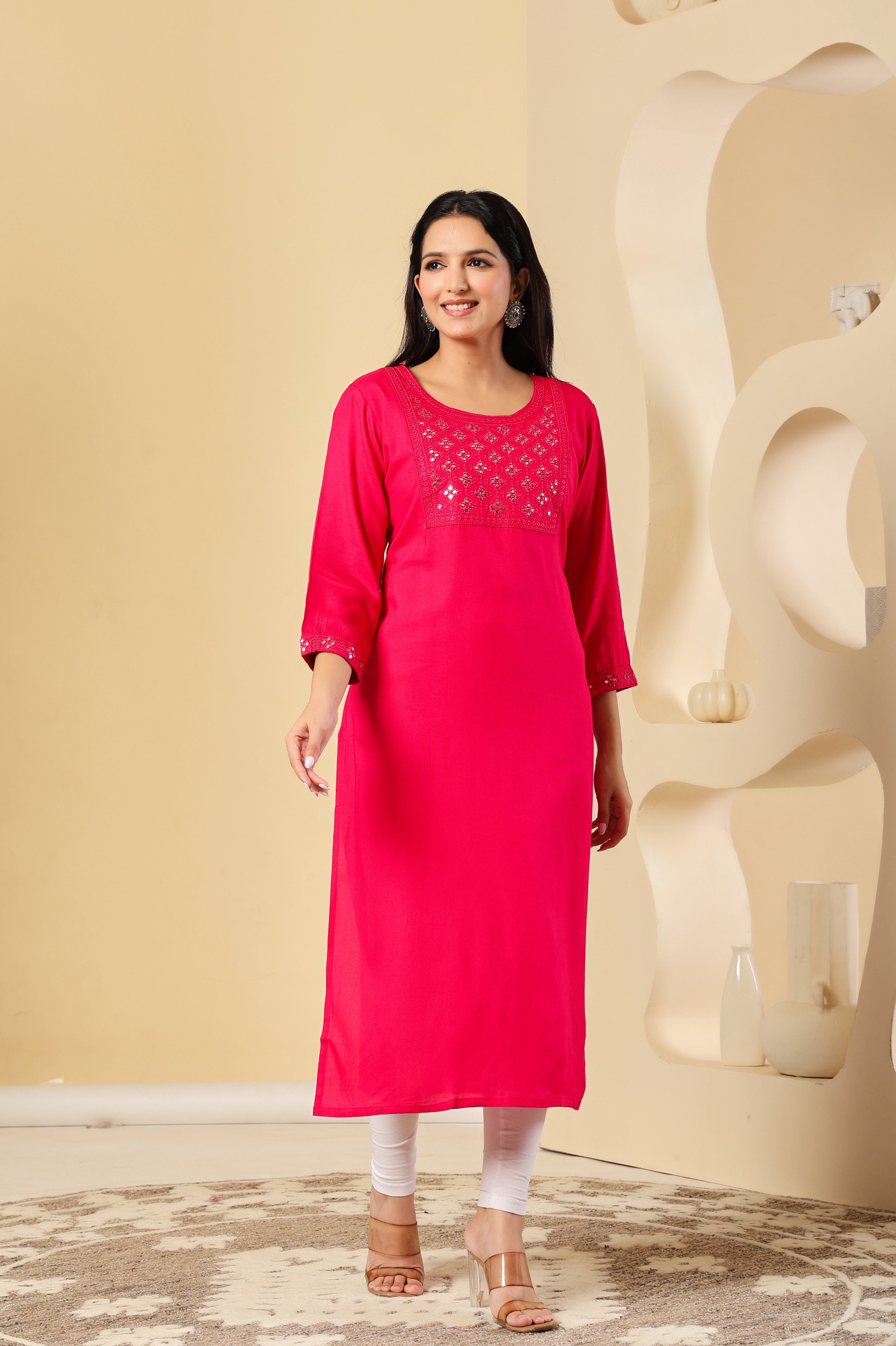 Vibrant Pink Kurti with Elegant Mirror Work