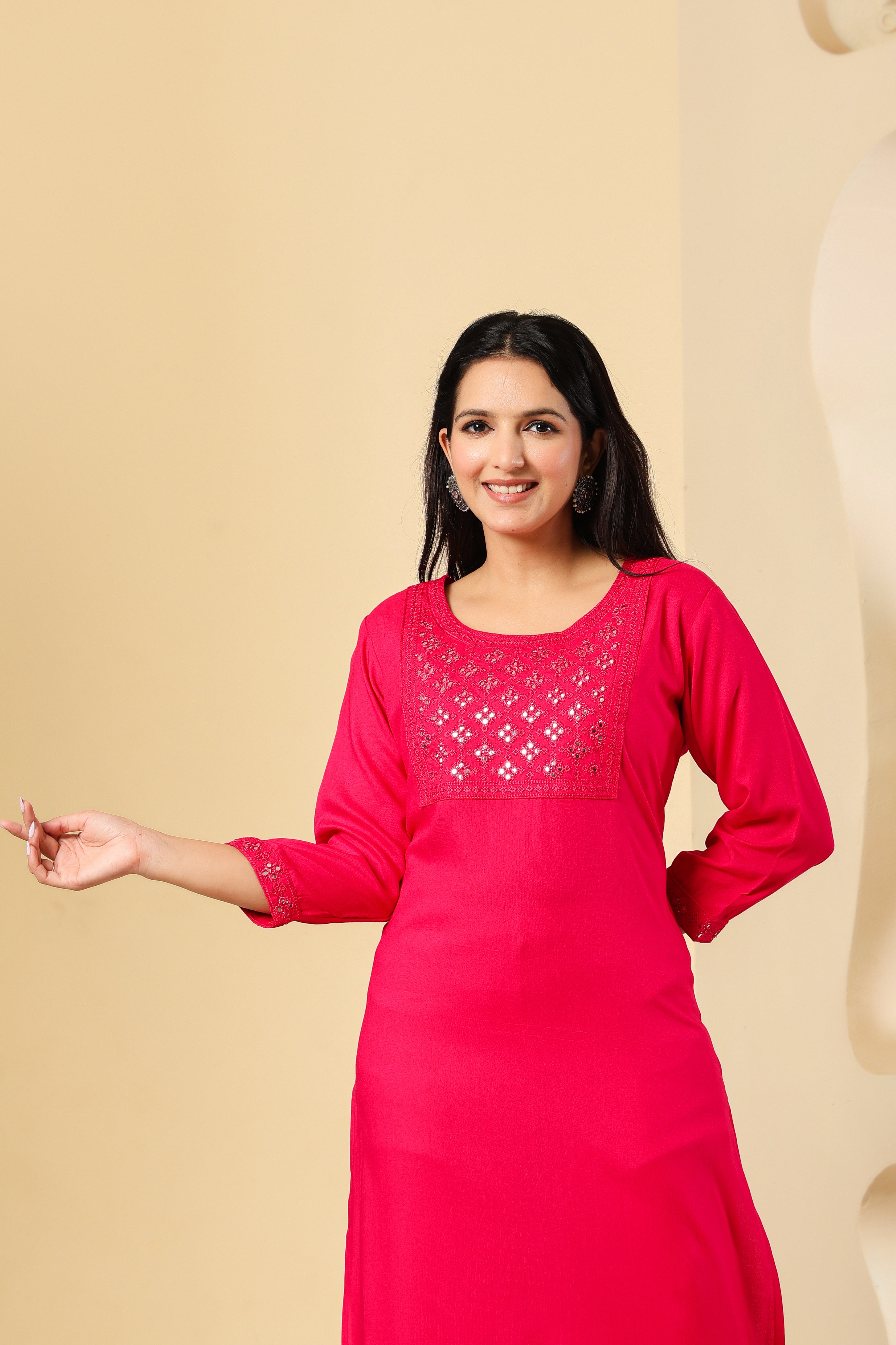 Vibrant Pink Kurti with Elegant Mirror Work