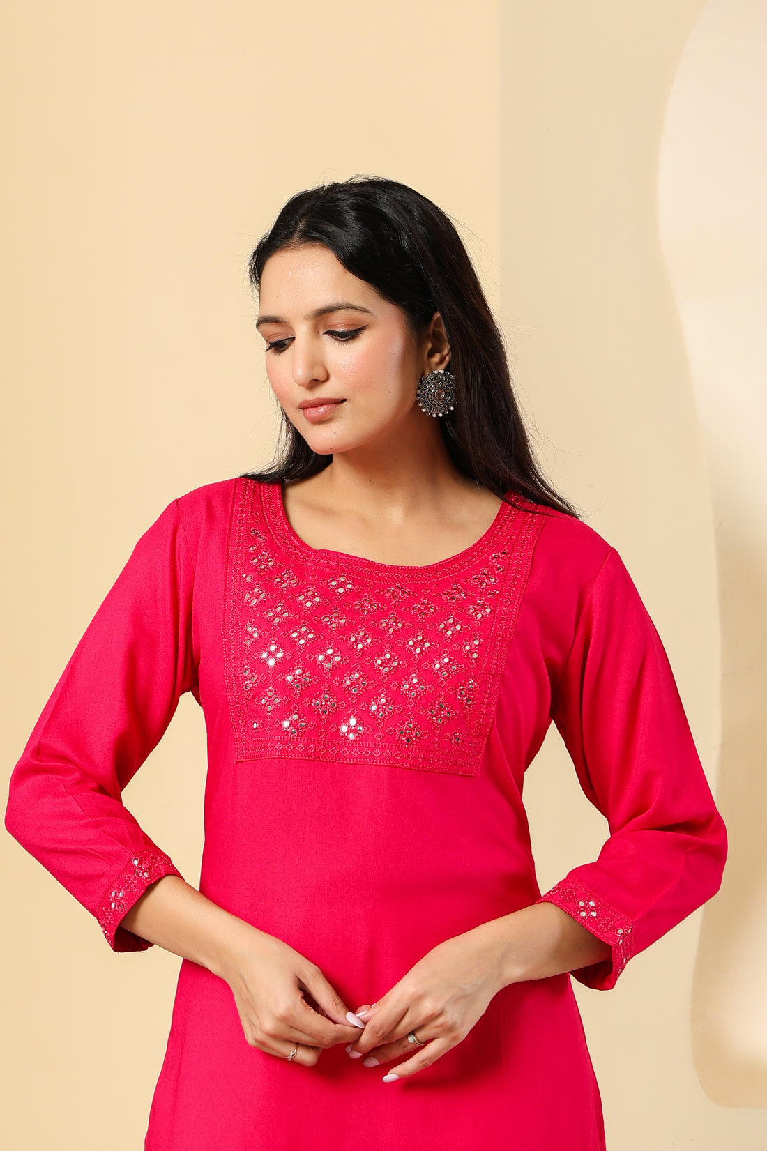 Vibrant Pink Kurti with Elegant Mirror Work
