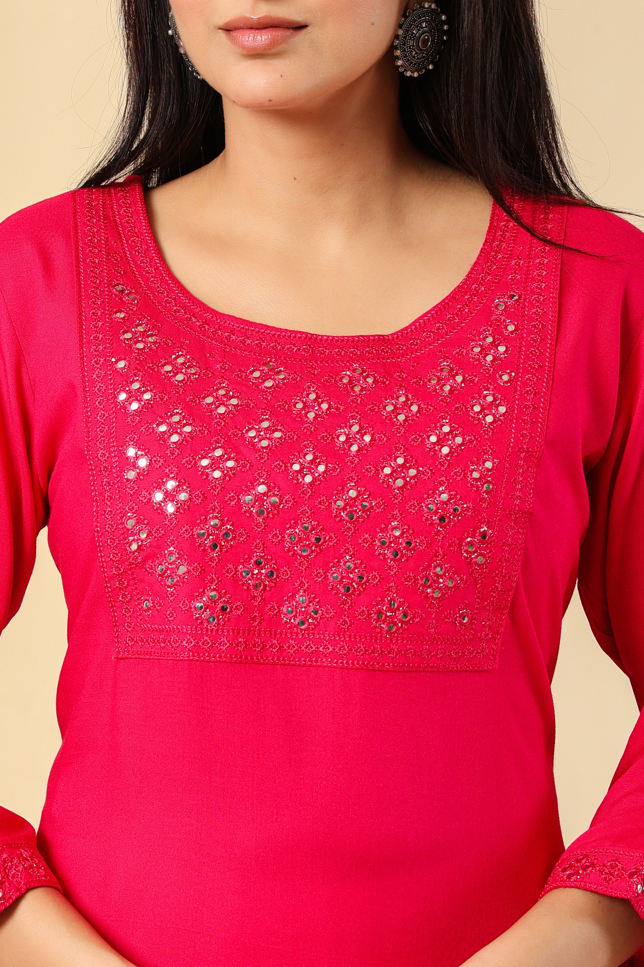 Vibrant Pink Kurti with Elegant Mirror Work