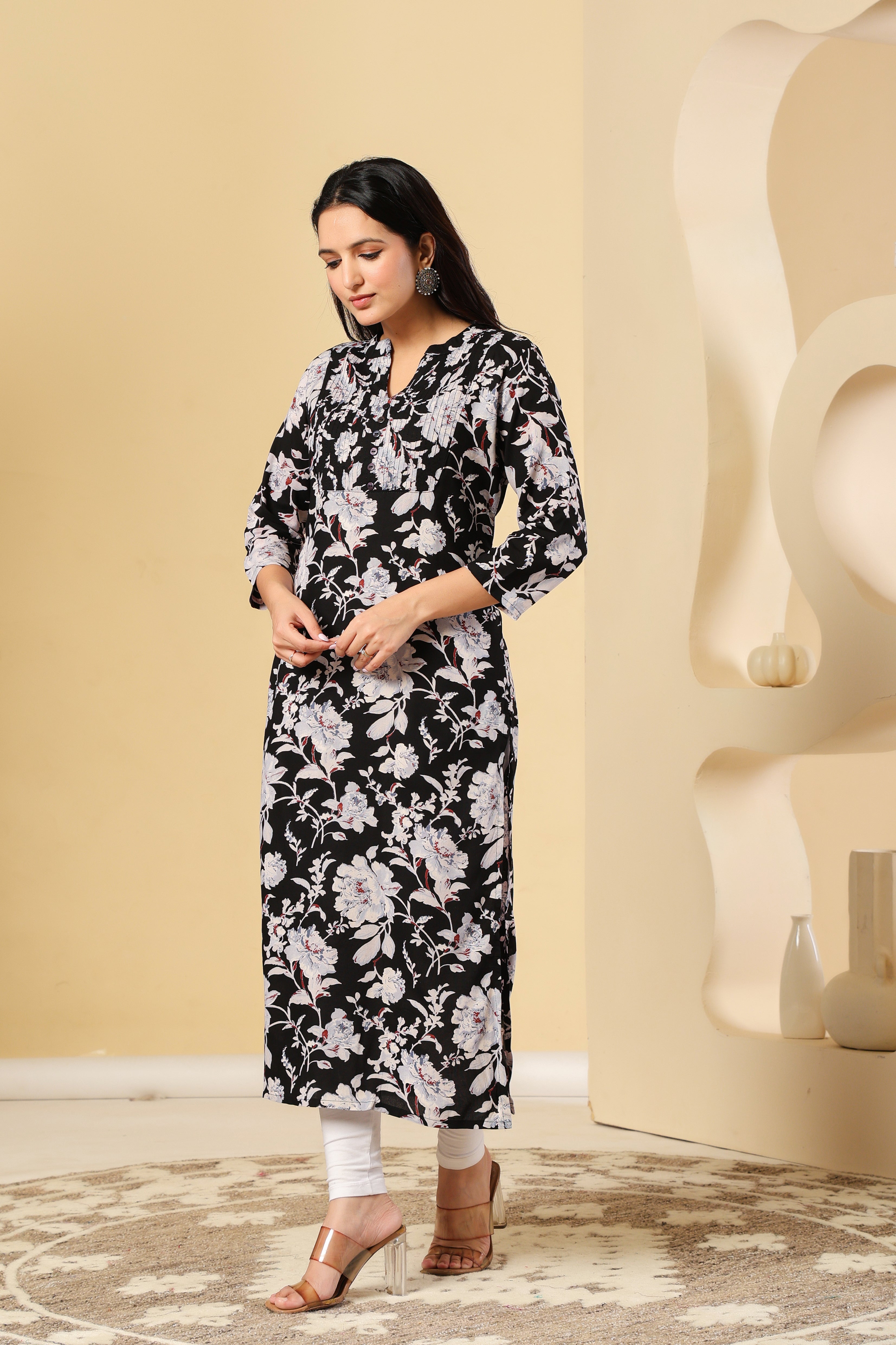 Black Floral Printed Kurti with Elegant Pleated Yoke