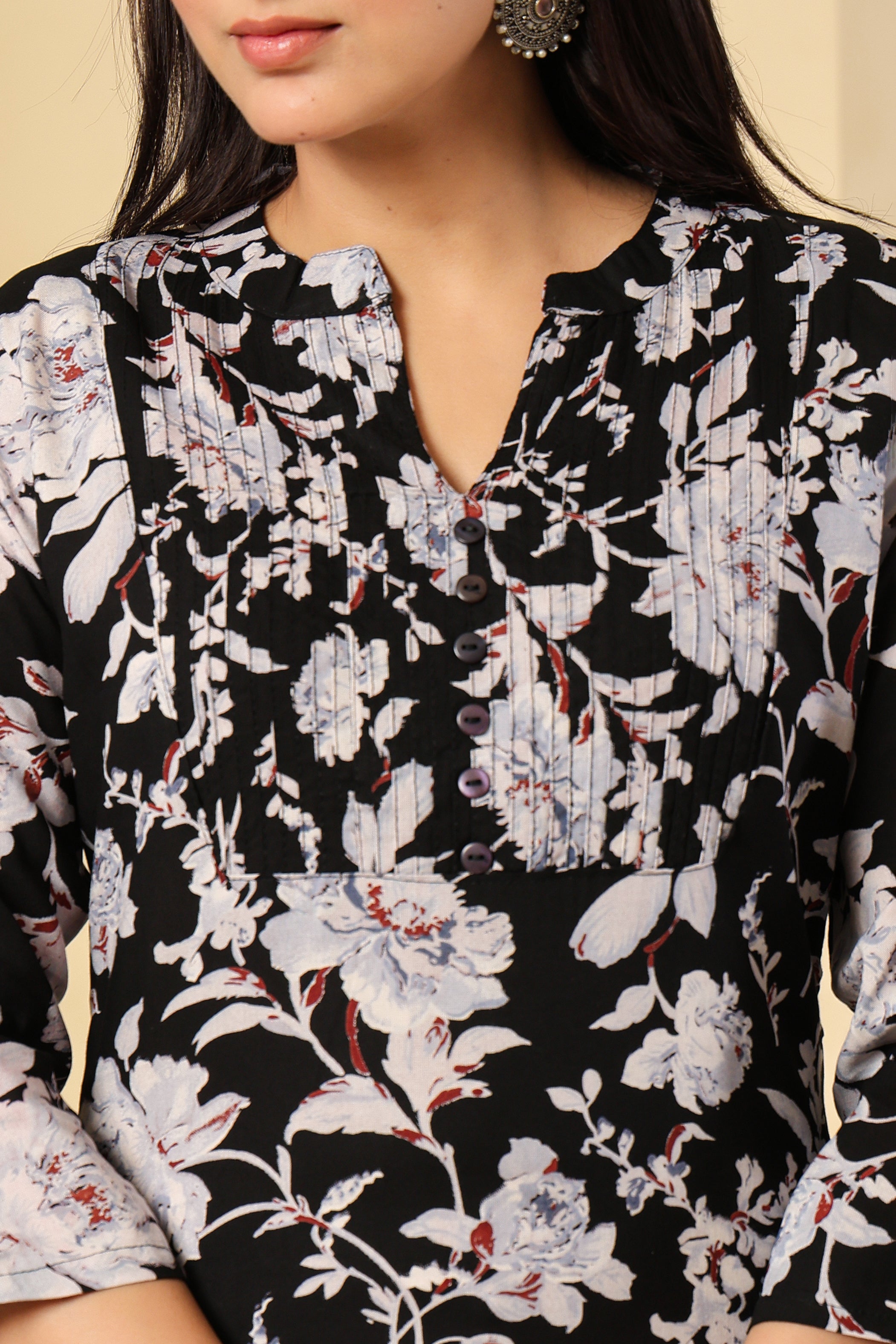 Black Floral Printed Kurti with Elegant Pleated Yoke