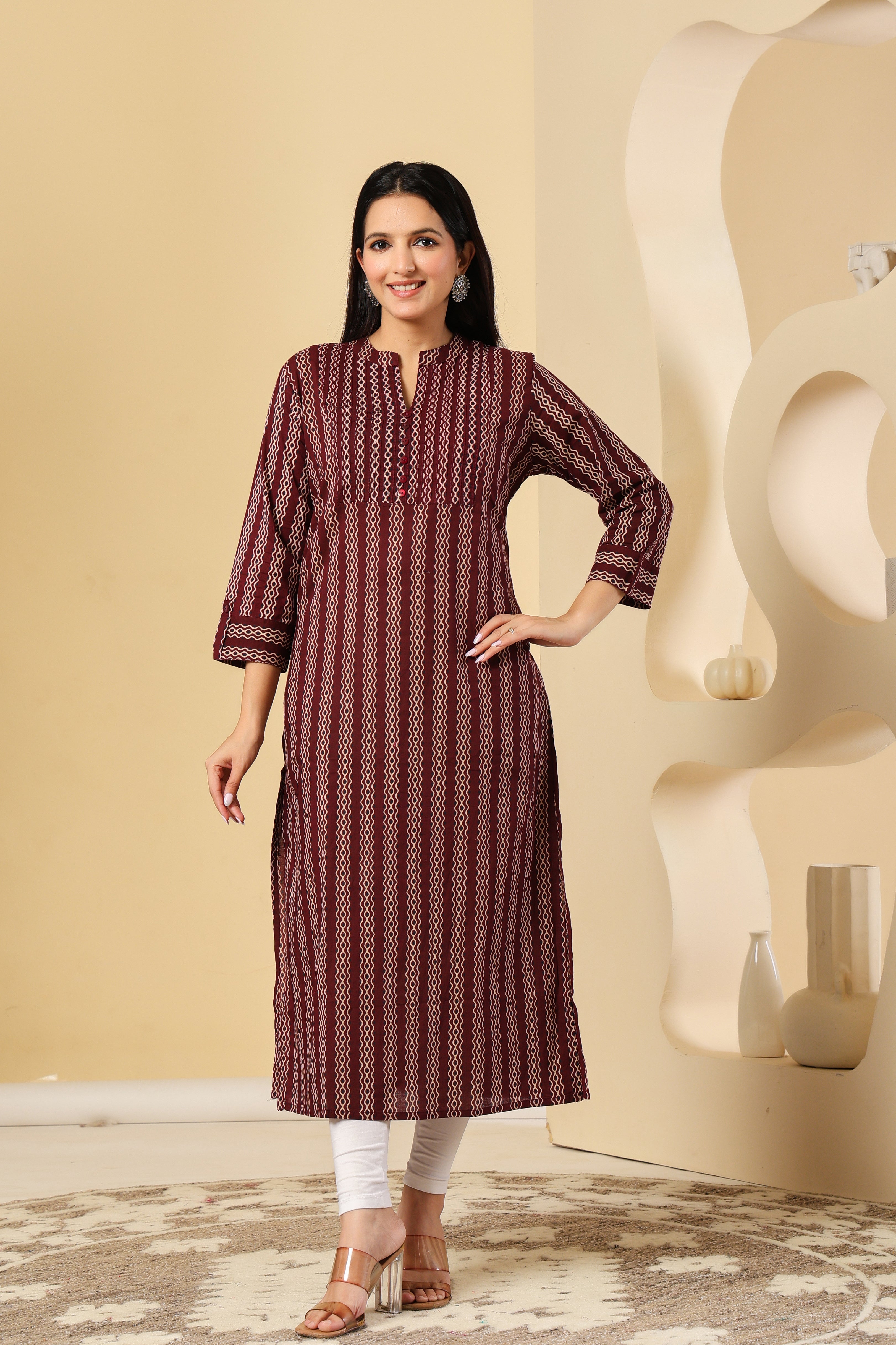 Maroon Printed Kurti with Elegant Vertical Stripes