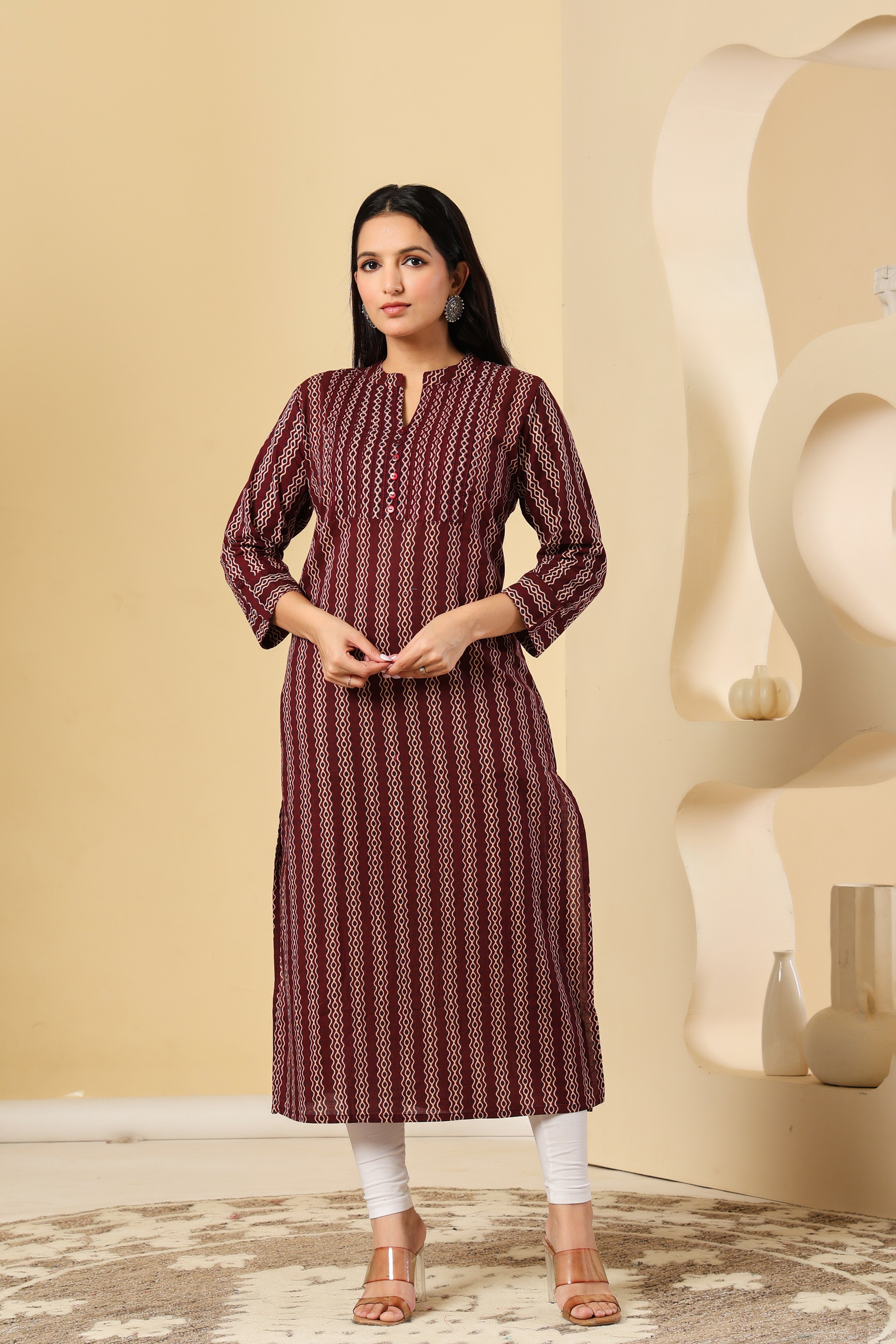 Maroon Printed Kurti with Elegant Vertical Stripes
