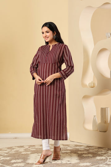 Maroon Printed Kurti with Elegant Vertical Stripes