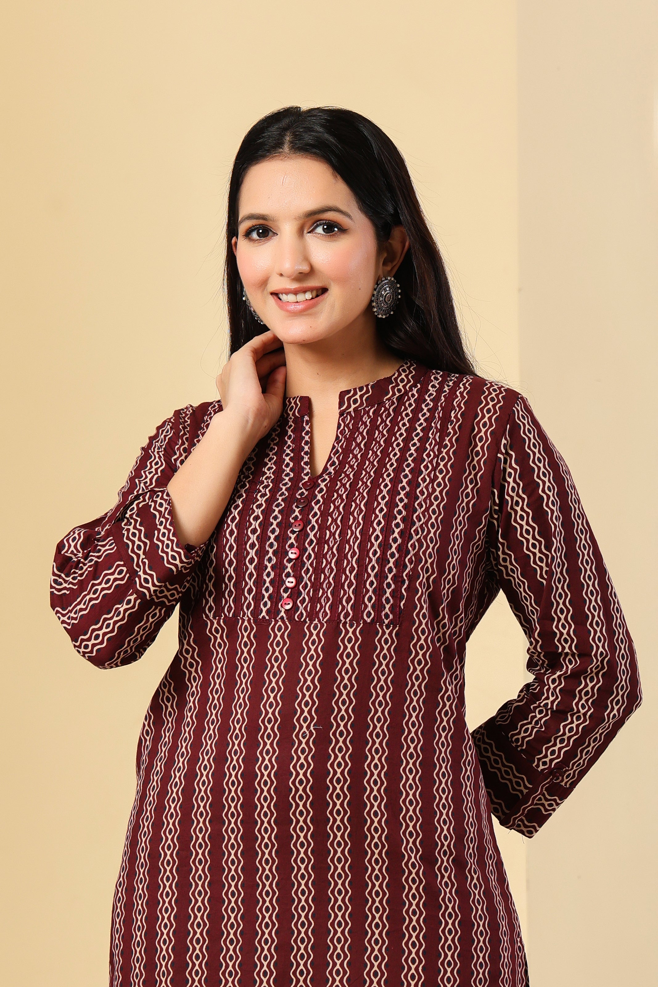 Maroon Printed Kurti with Elegant Vertical Stripes