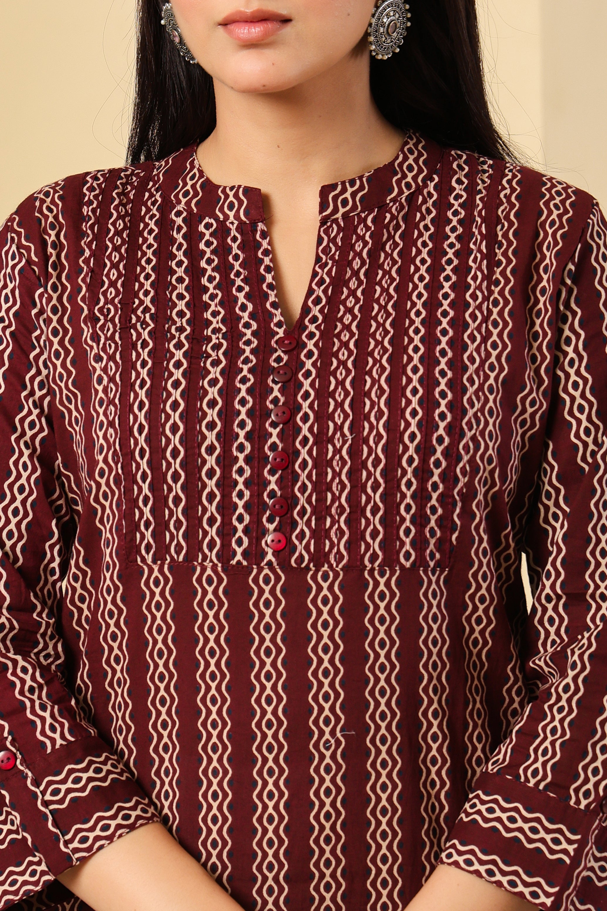 Maroon Printed Kurti with Elegant Vertical Stripes
