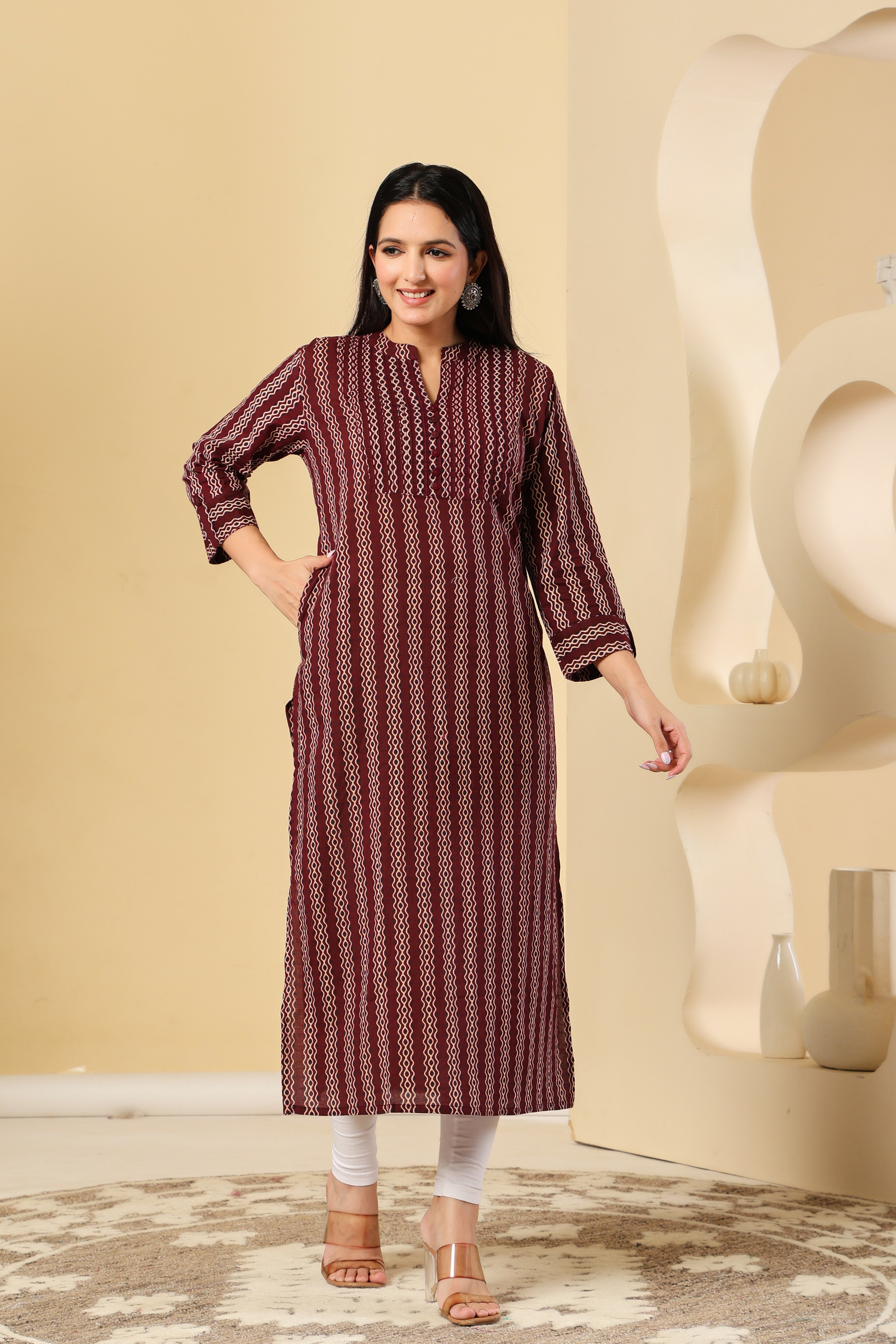 Maroon Printed Kurti with Elegant Vertical Stripes