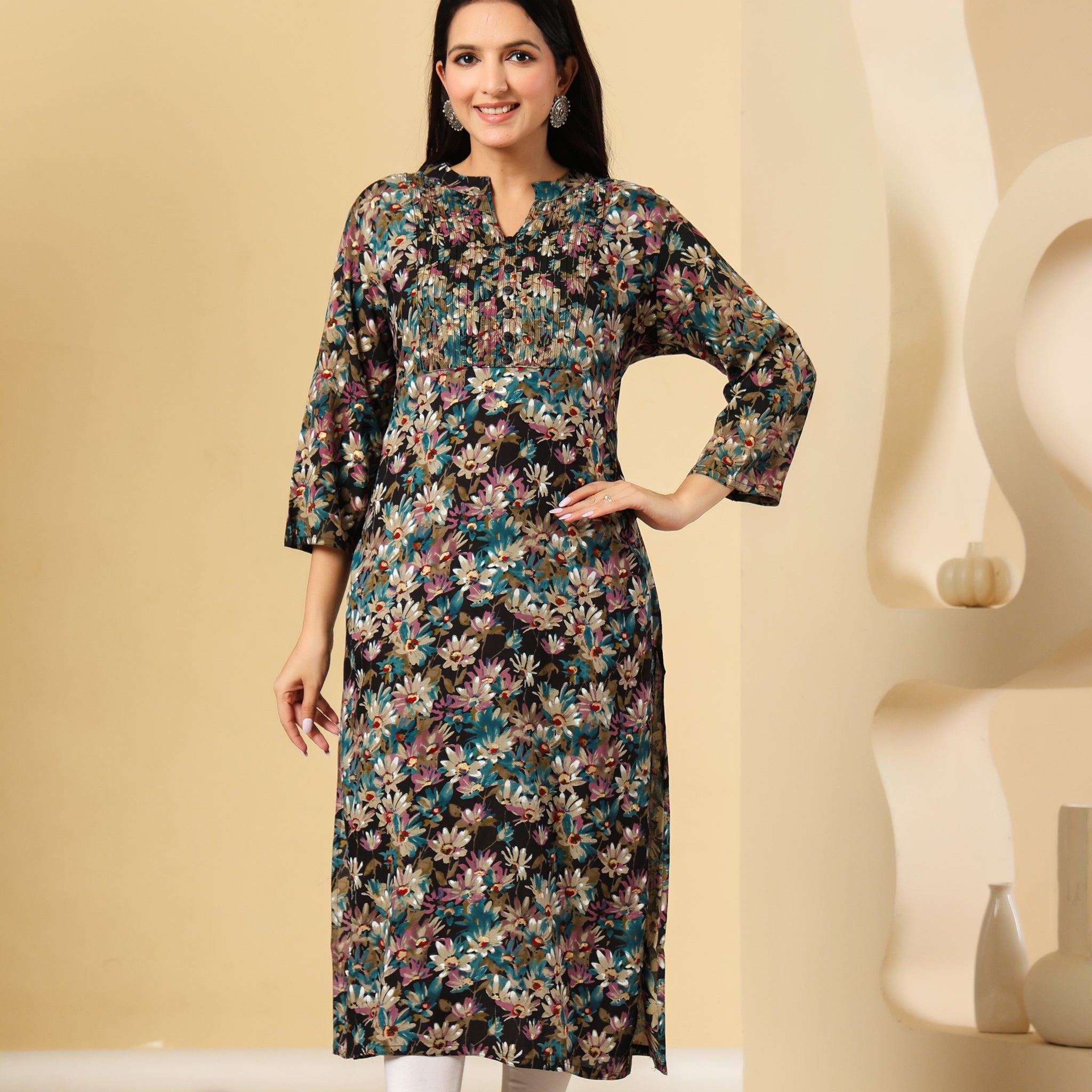 Multi-Color Floral Printed Kurti with Pleated Yoke