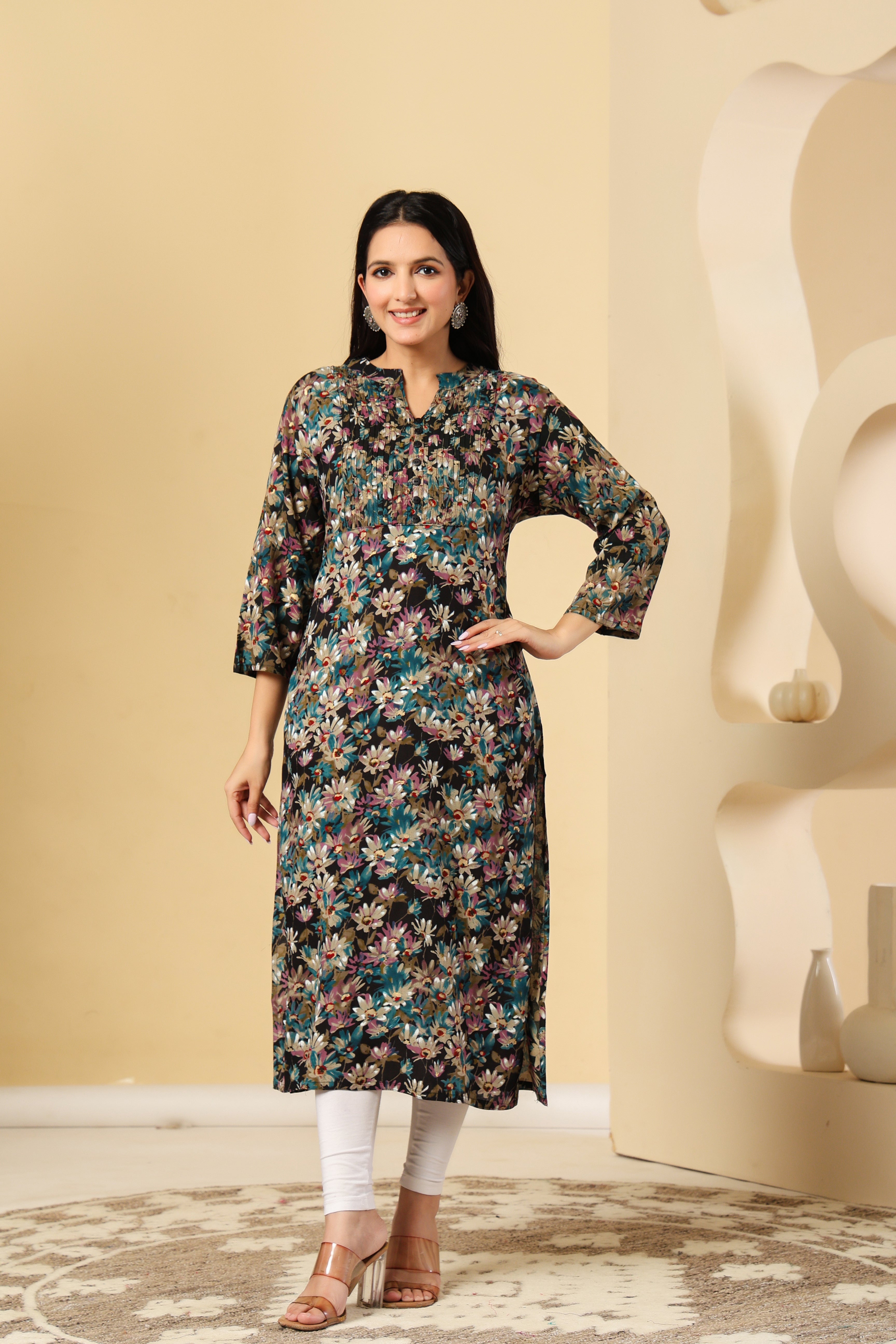 Multi-Color Floral Printed Kurti with Pleated Yoke
