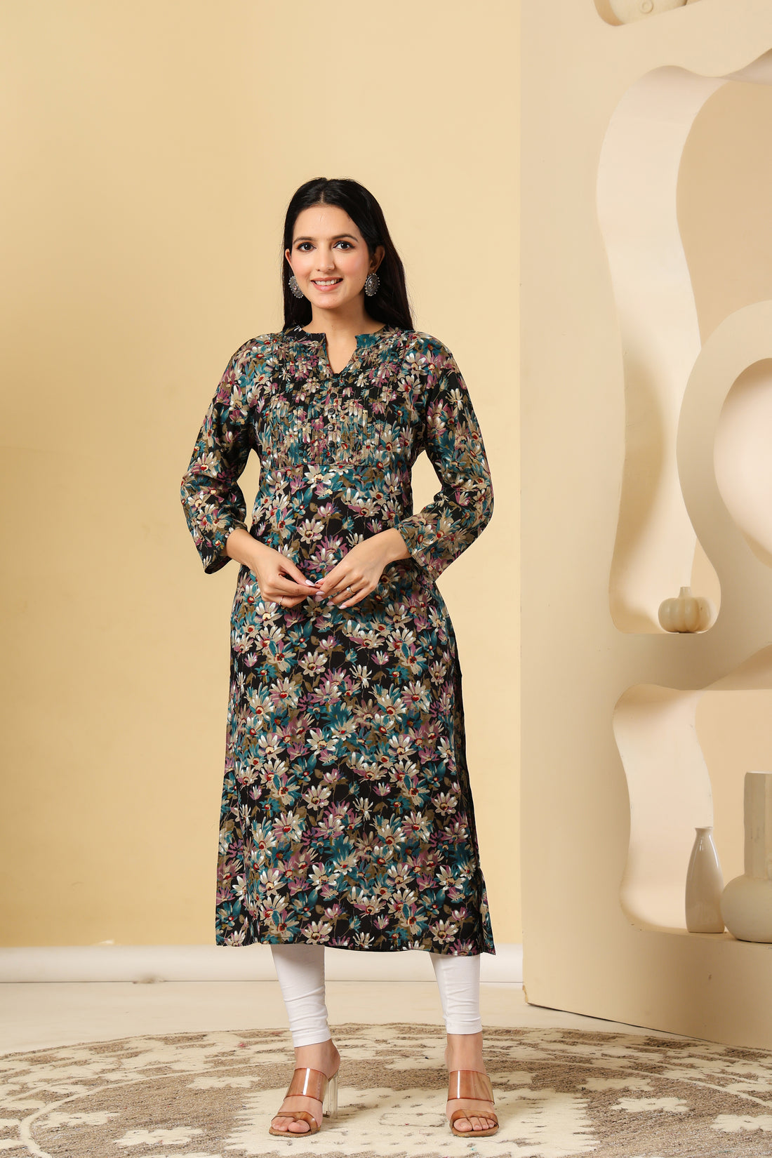Multi-Color Floral Printed Kurti with Pleated Yoke