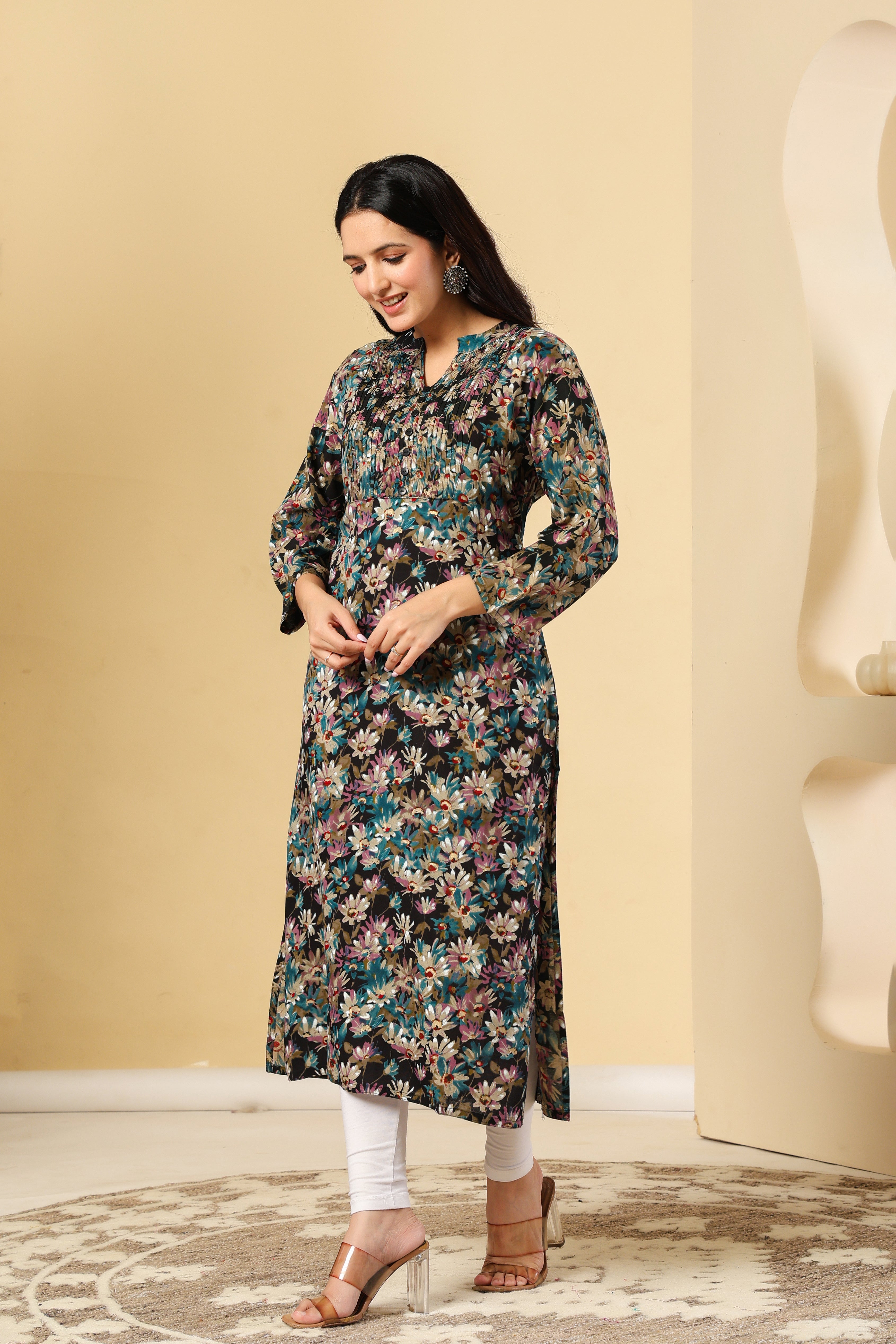 Multi-Color Floral Printed Kurti with Pleated Yoke