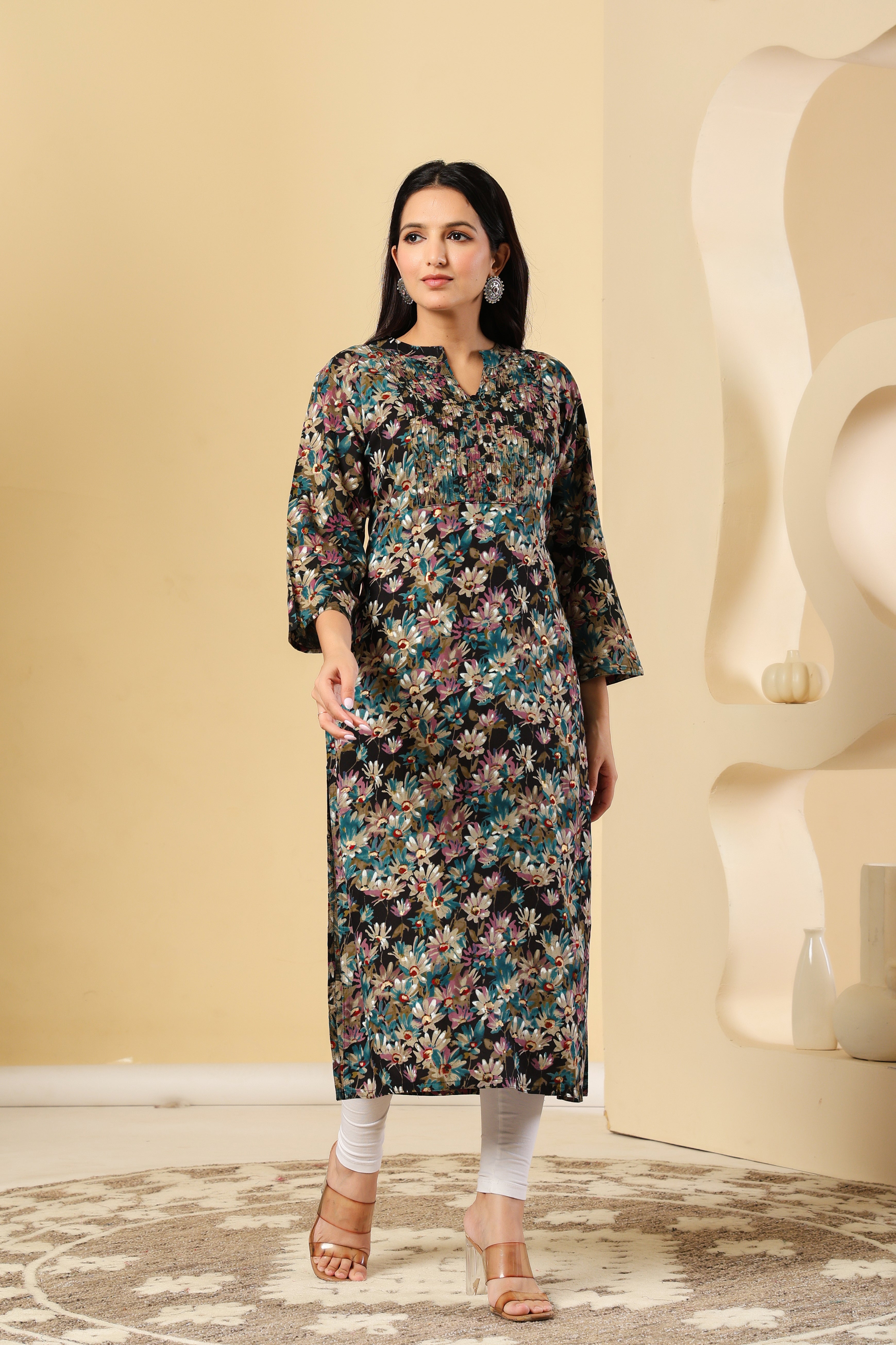 Multi-Color Floral Printed Kurti with Pleated Yoke