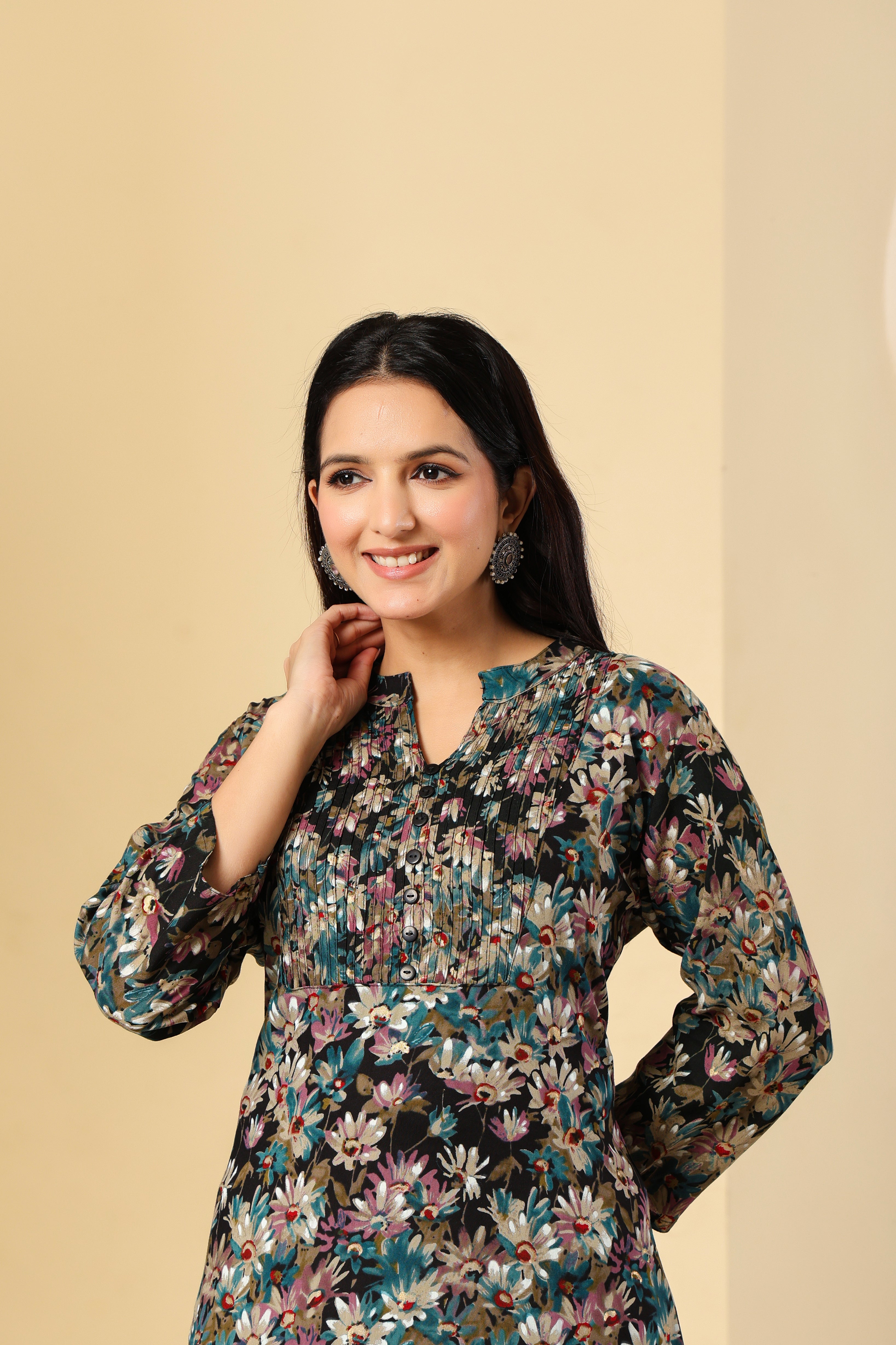 Multi-Color Floral Printed Kurti with Pleated Yoke