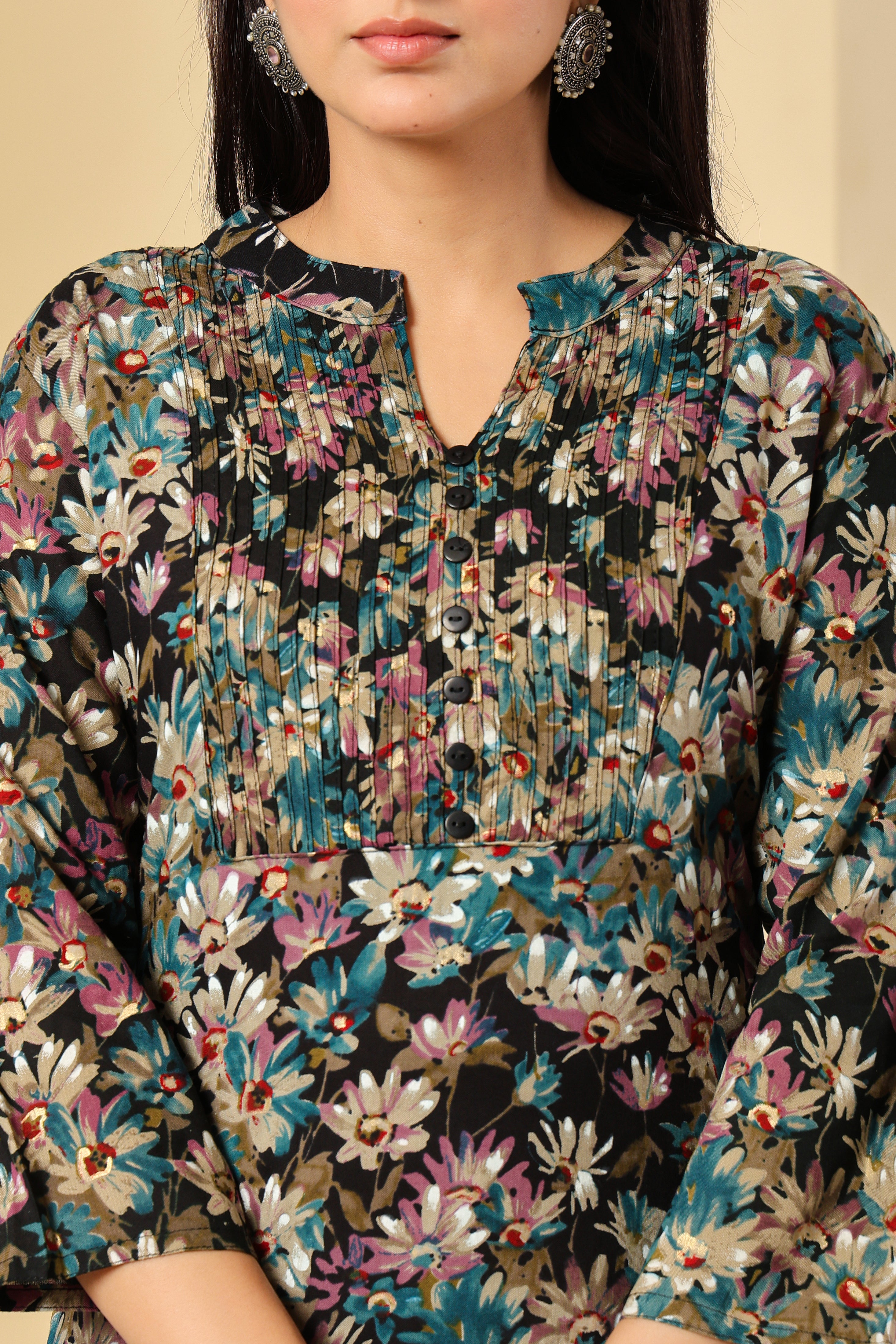 Multi-Color Floral Printed Kurti with Pleated Yoke