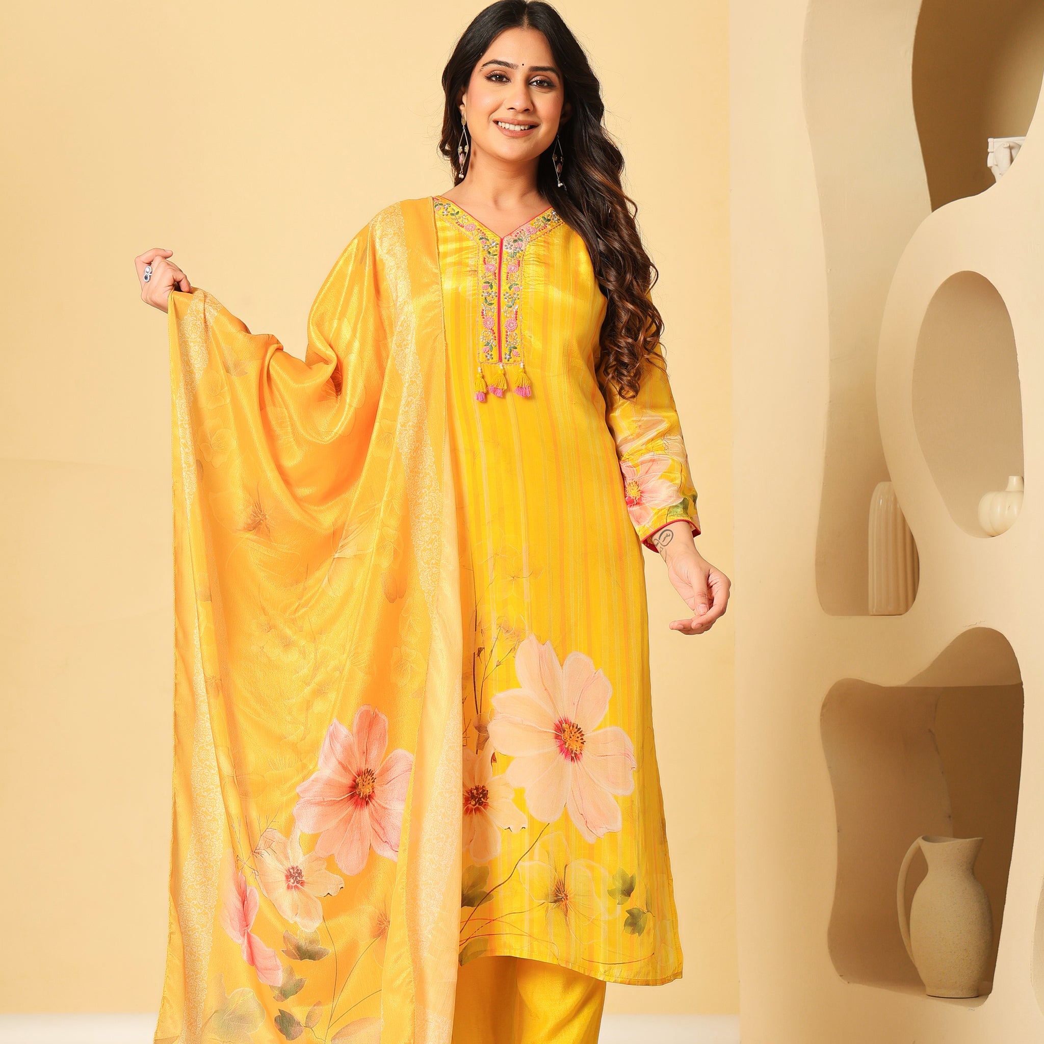 Sunshine Yellow Floral Kurta Set with Dupatta – Festive & Elegant Look