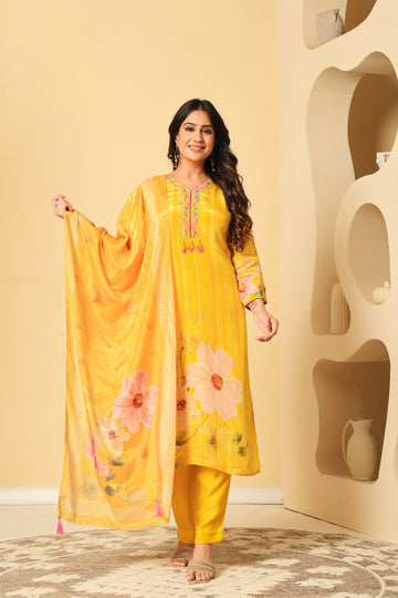 Sunshine Yellow Floral Kurta Set with Dupatta – Festive & Elegant Look