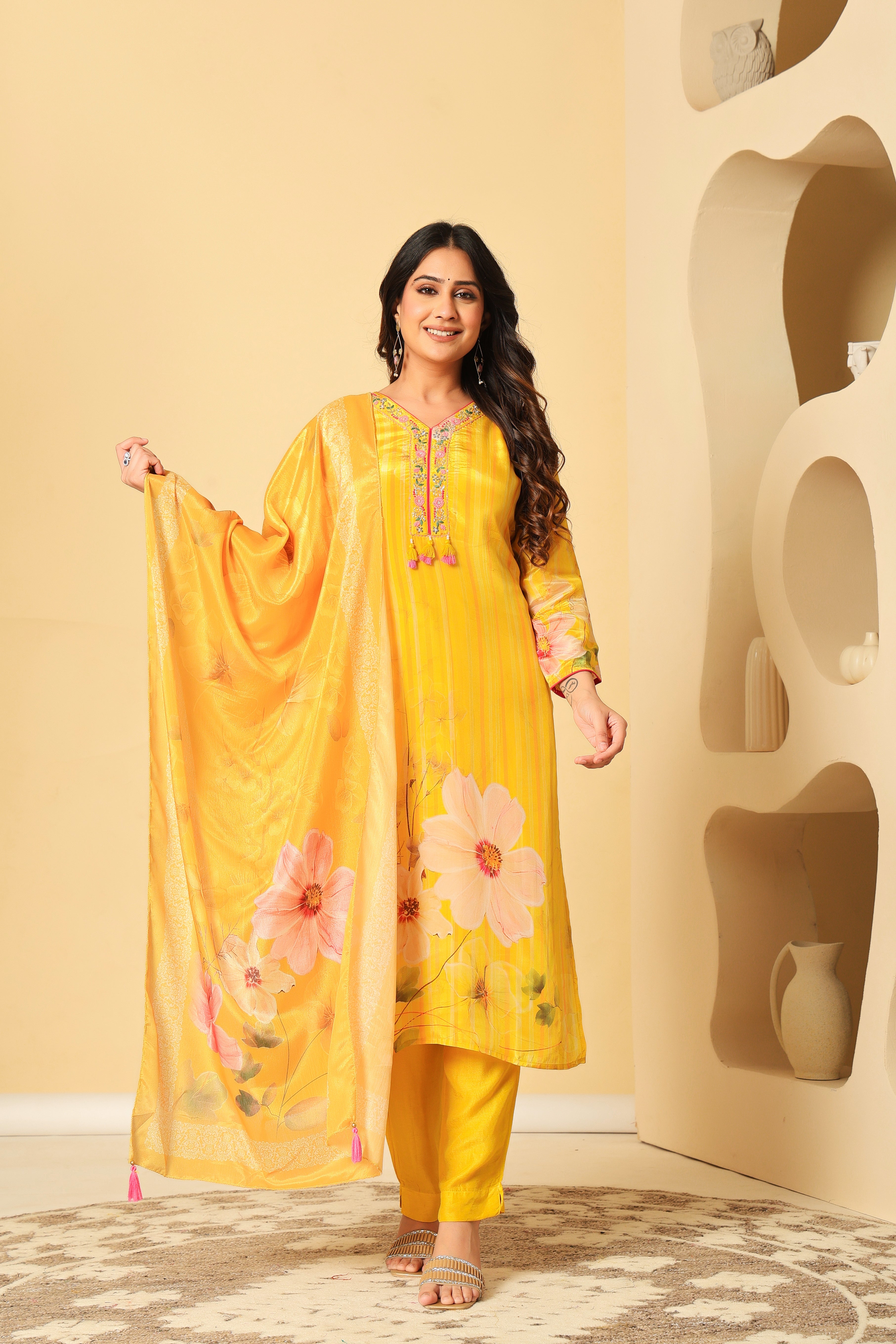 Sunshine Yellow Floral Kurta Set with Dupatta – Festive & Elegant Look