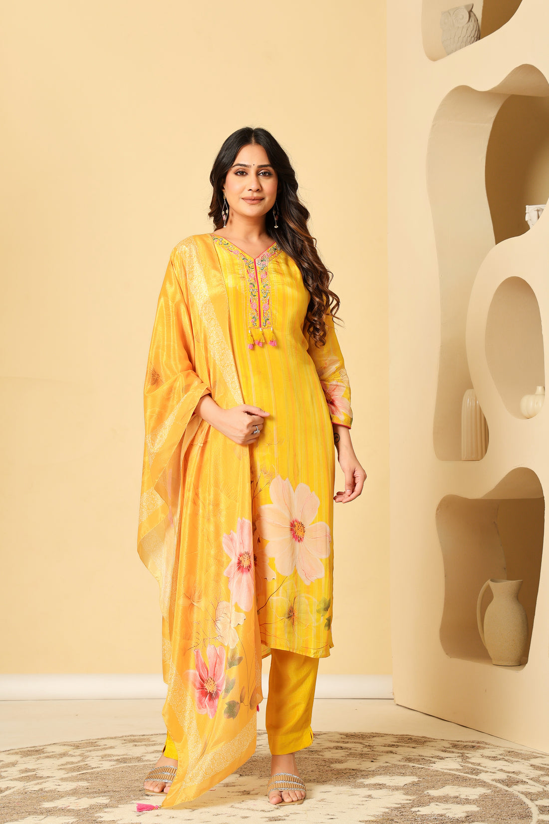 Sunshine Yellow Floral Kurta Set with Dupatta – Festive & Elegant Look