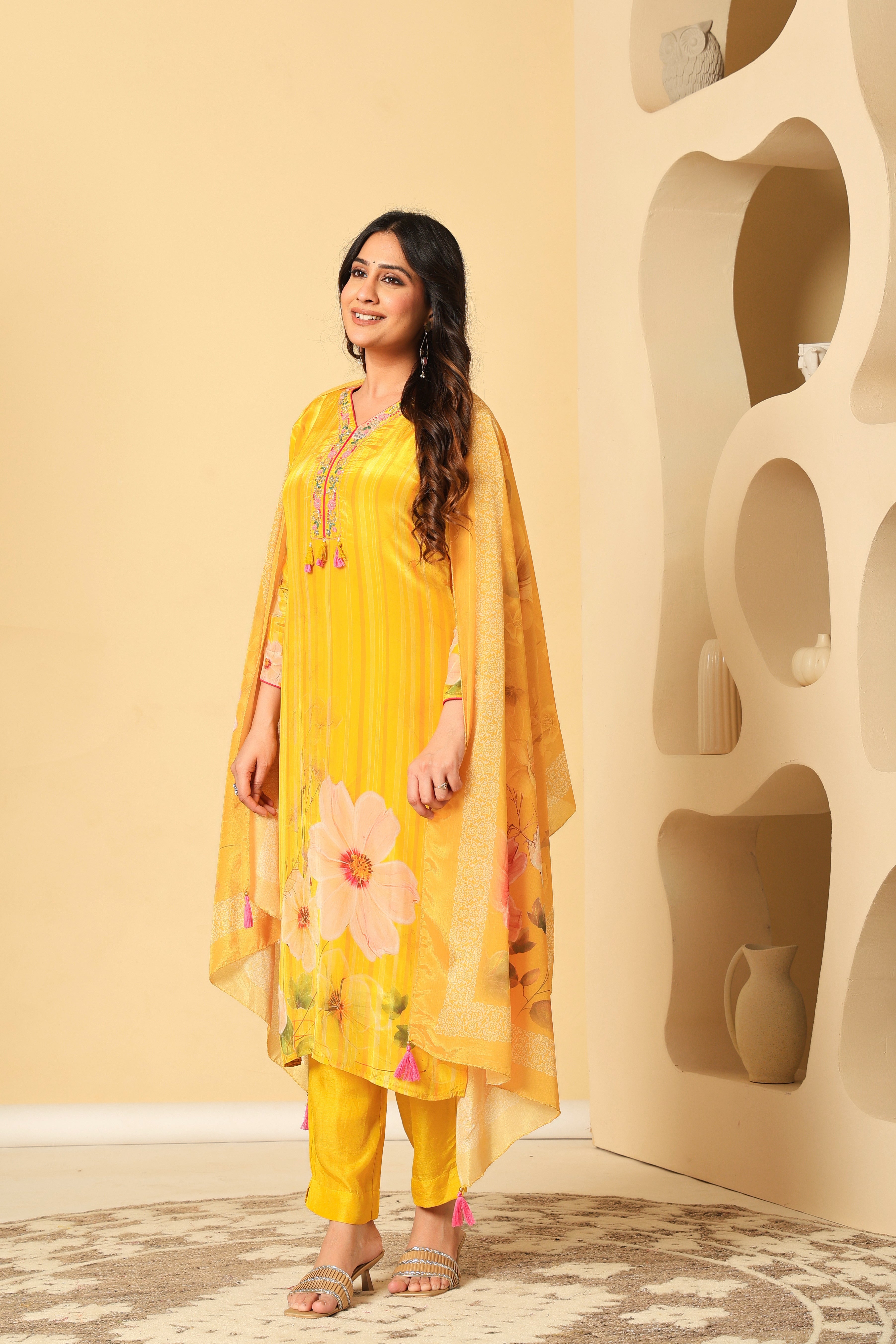 Sunshine Yellow Floral Kurta Set with Dupatta – Festive & Elegant Look
