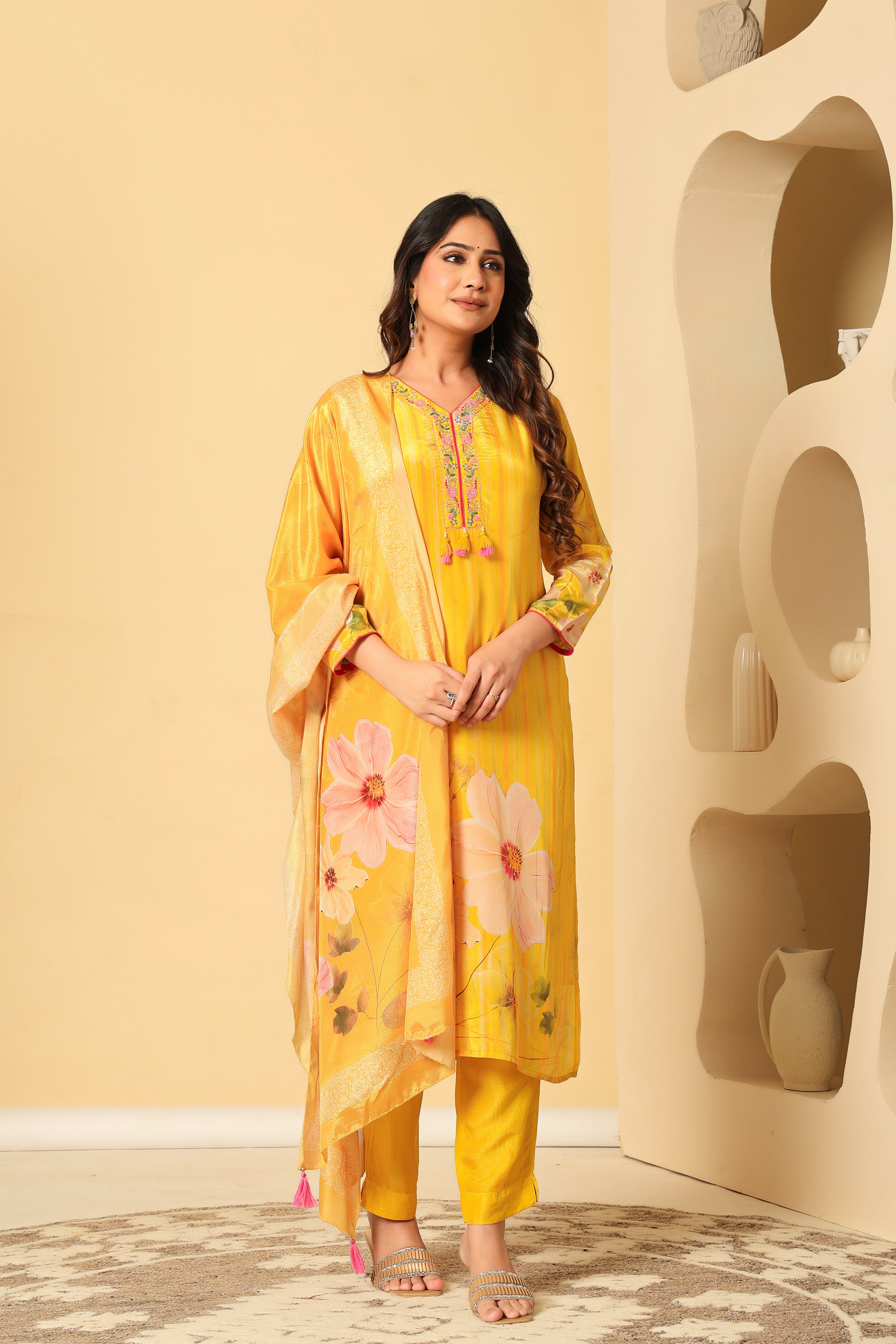 Sunshine Yellow Floral Kurta Set with Dupatta – Festive & Elegant Look