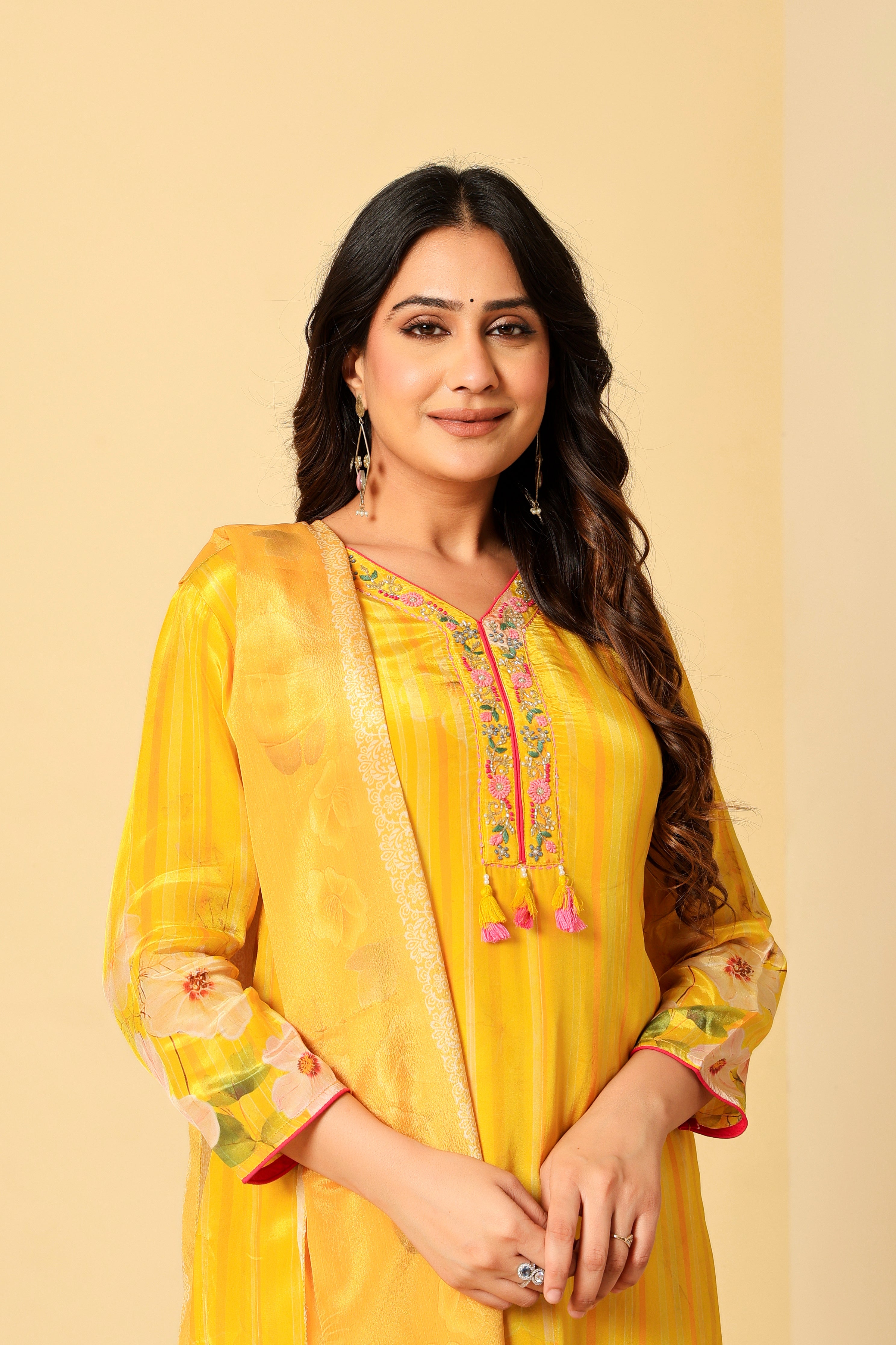 Sunshine Yellow Floral Kurta Set with Dupatta – Festive & Elegant Look