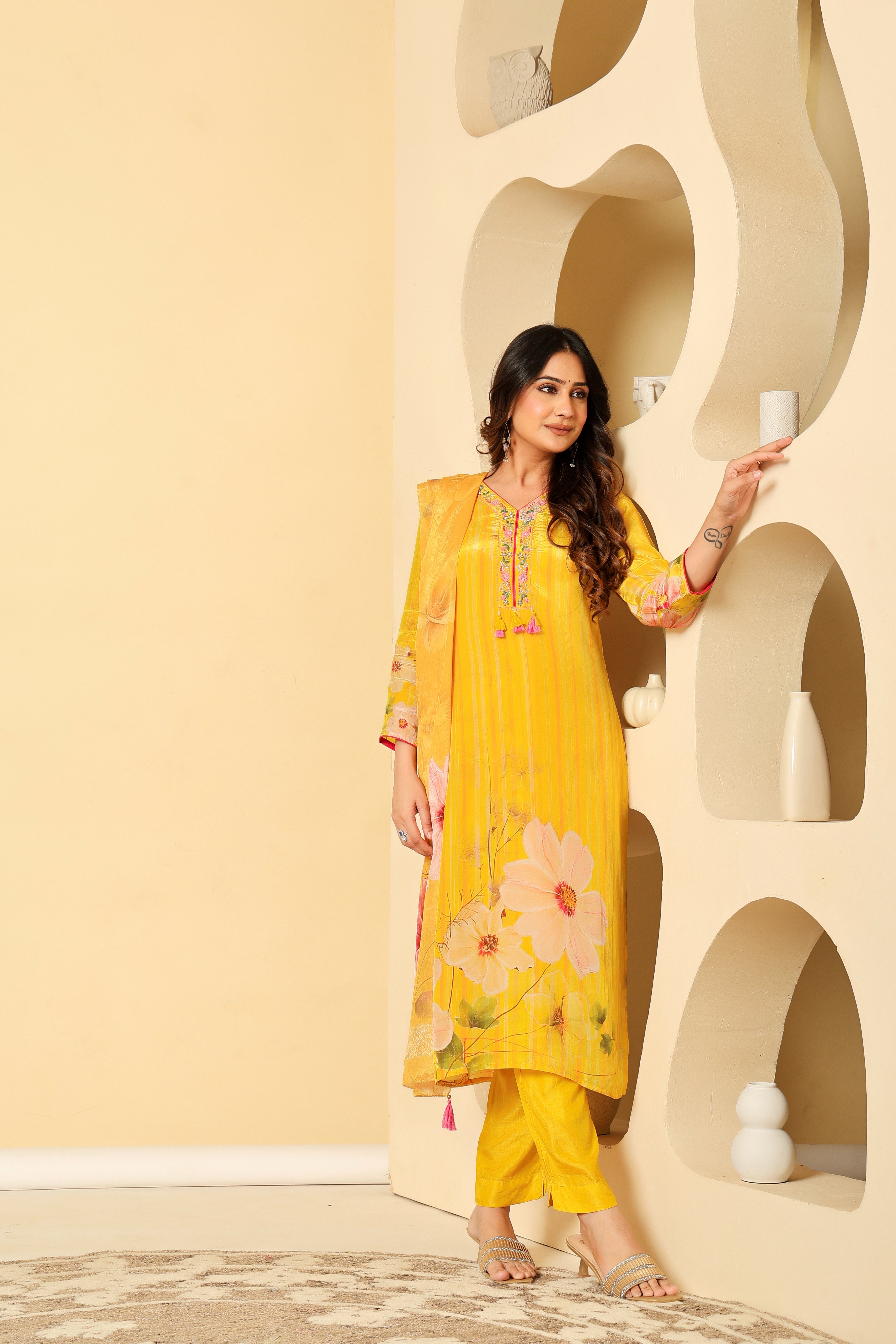Sunshine Yellow Floral Kurta Set with Dupatta – Festive & Elegant Look