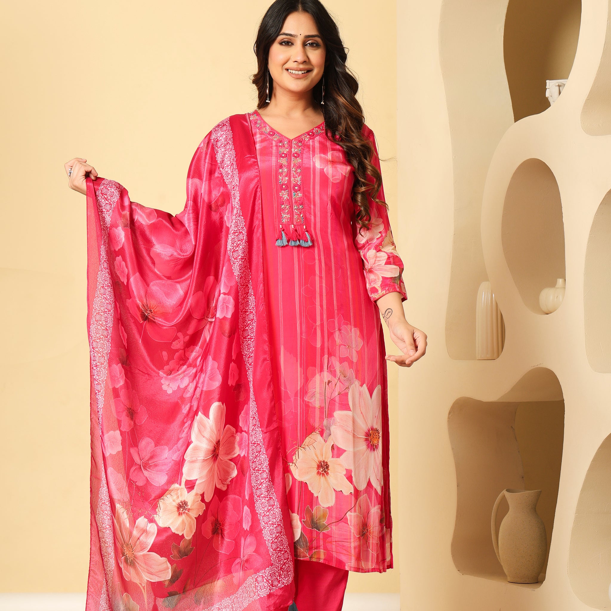Radiant Pink Floral Kurta Set with Dupatta – Elegant Festive Wear