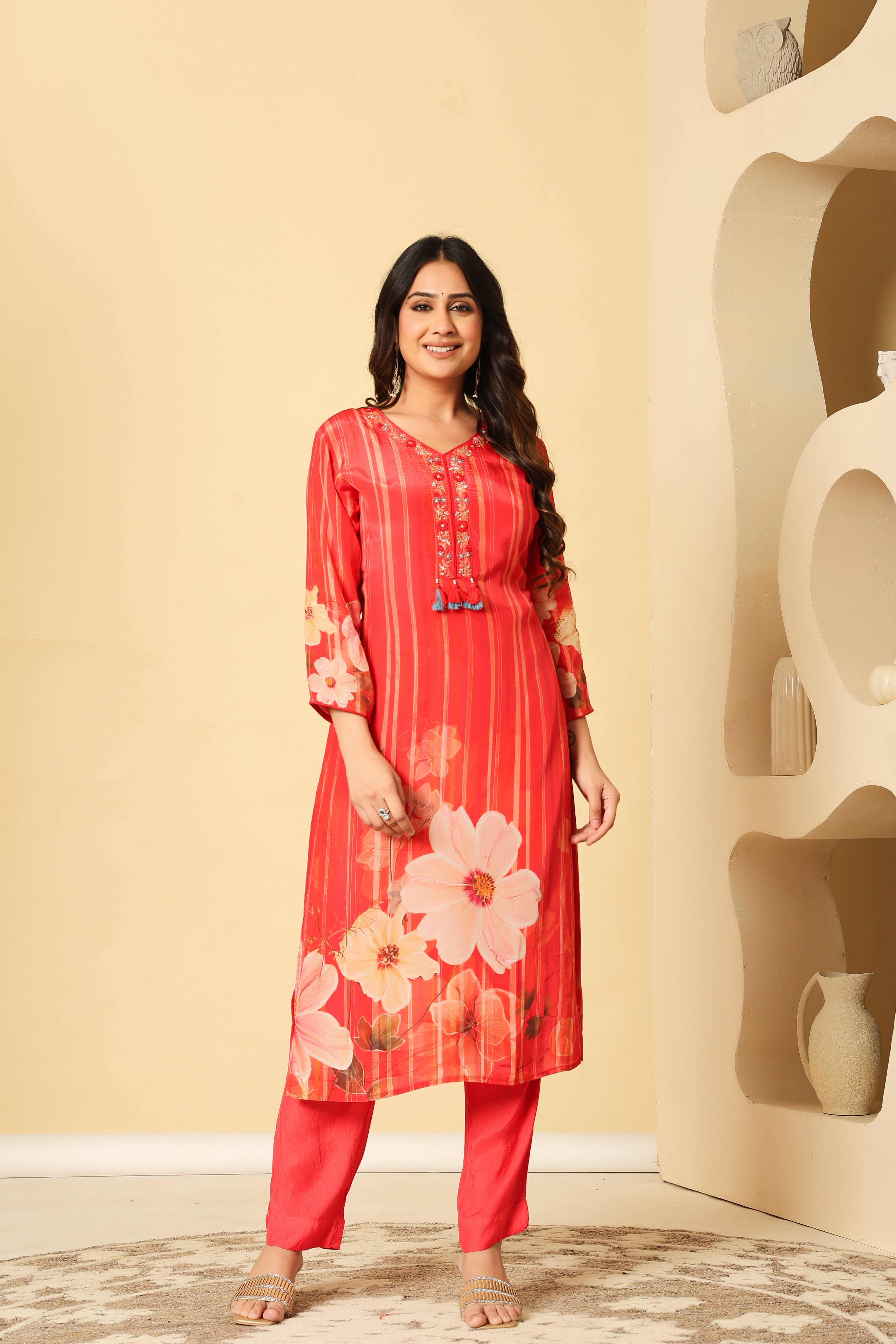 Elegant Red Floral Kurta Set with Embroidered Neckline