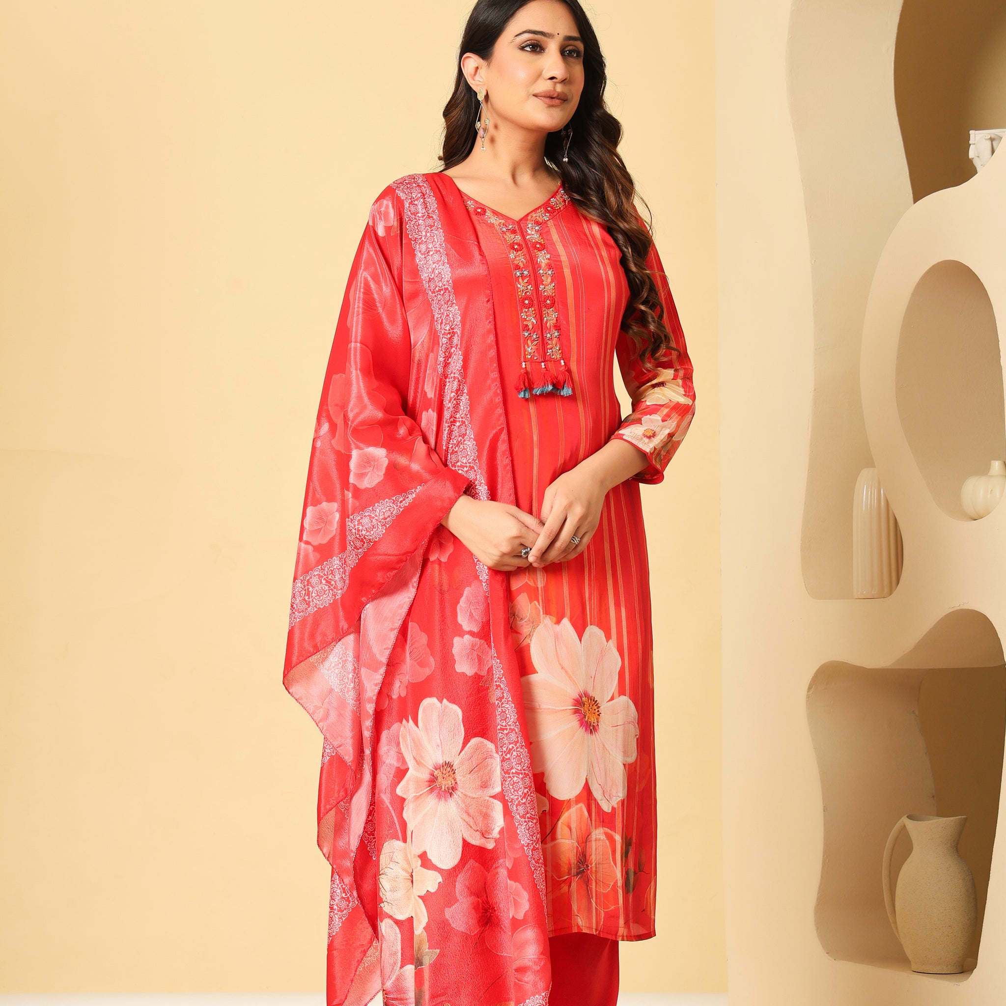 Elegant Red Floral Kurta Set with Embroidered Neckline
