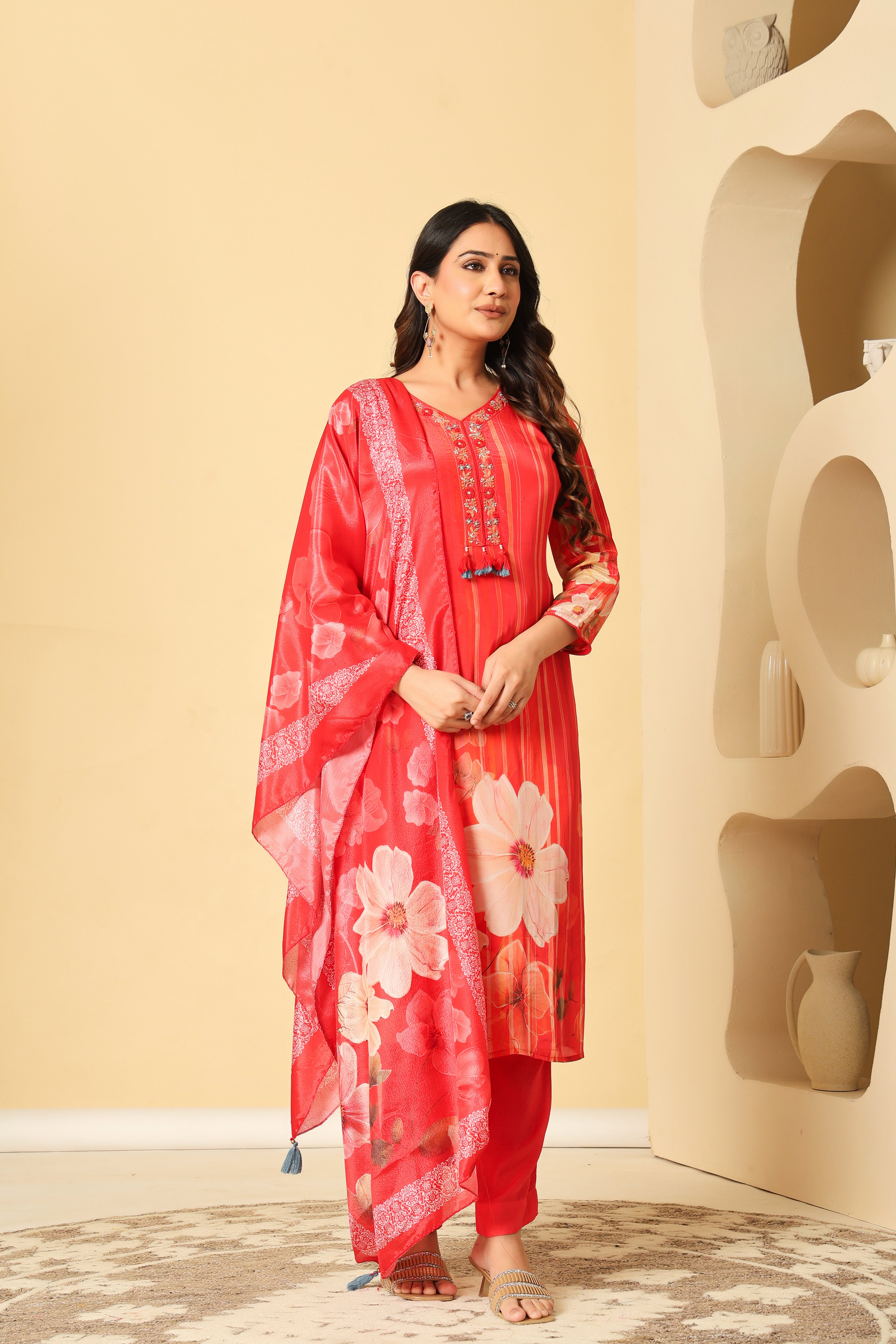 Elegant Red Floral Kurta Set with Embroidered Neckline